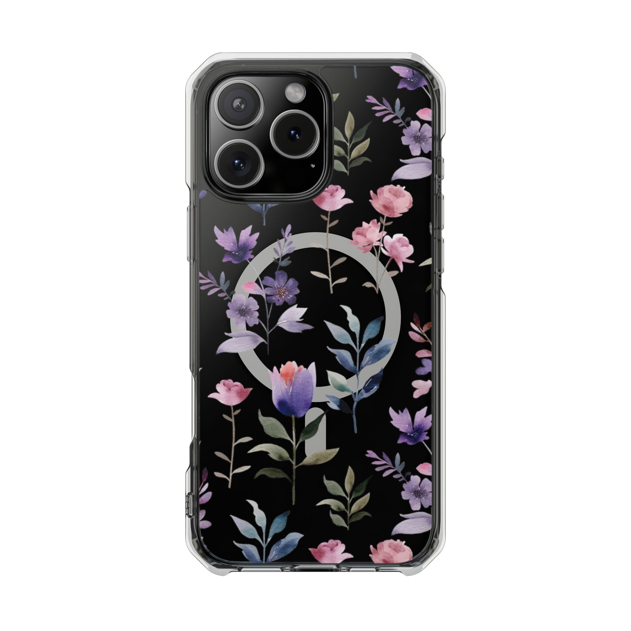 Clear Magnetic Phone Case – Floral Black MagSafe-Compatible Protective Cover