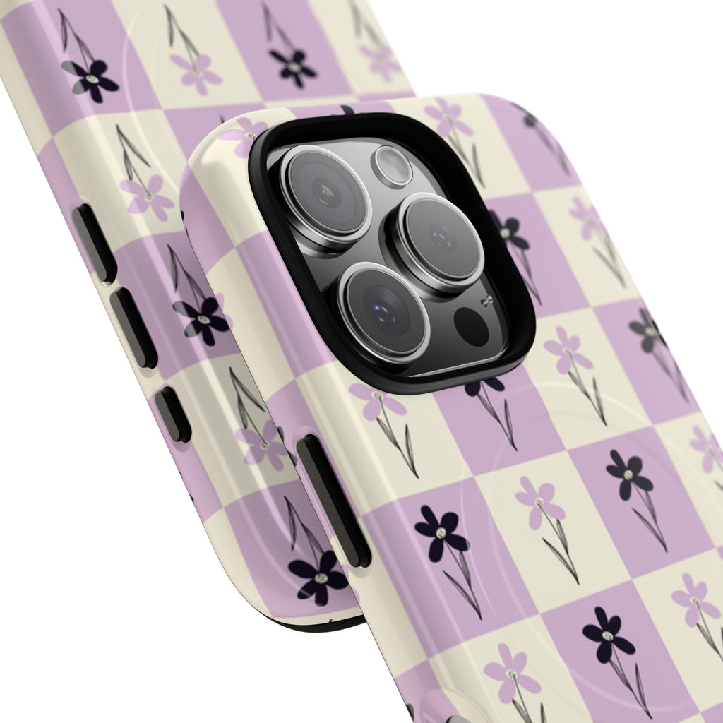 Floral Check Pattern Tough Magnetic Phone Case — Lavender Retro Grid