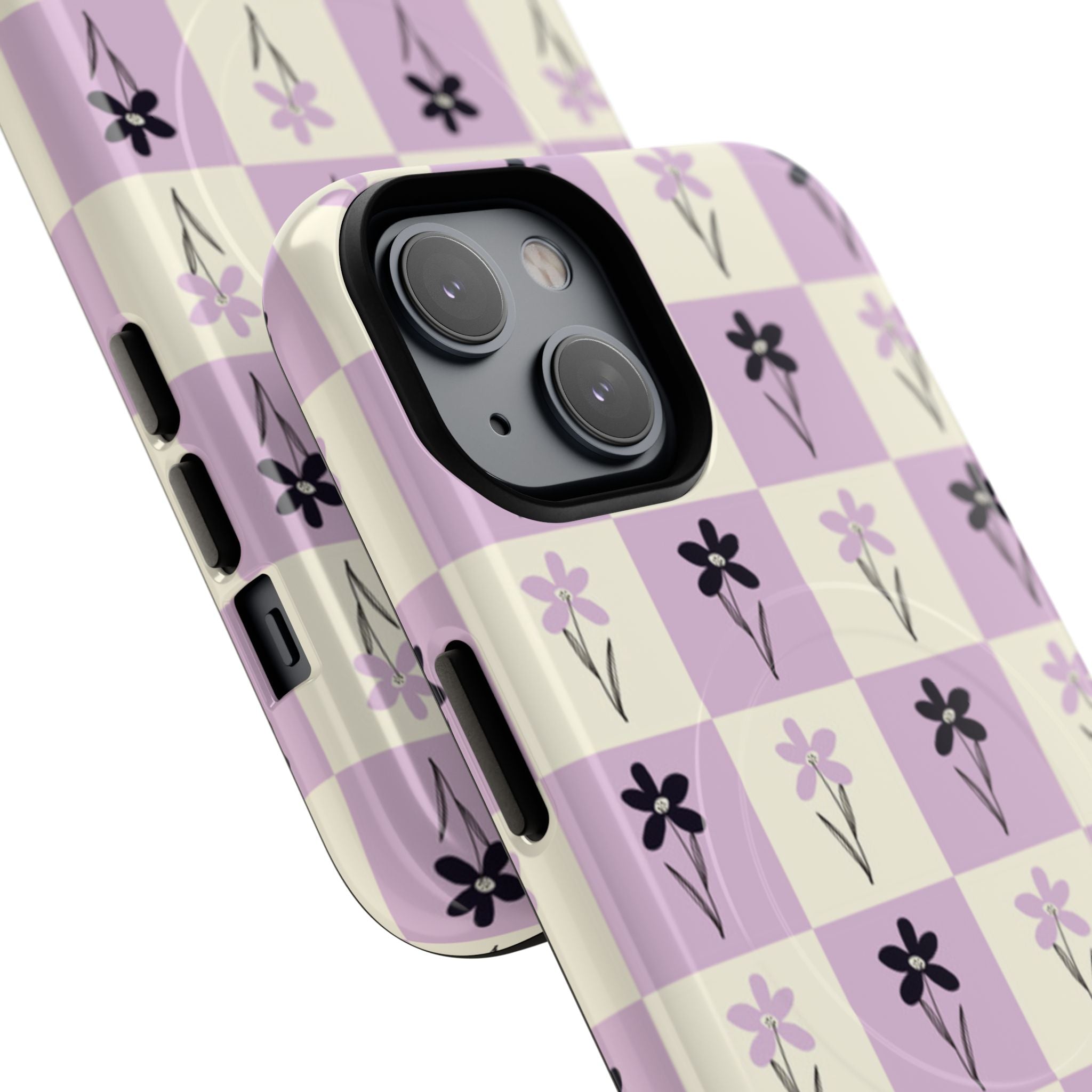 Floral Check Pattern Tough Magnetic Phone Case — Lavender Retro Grid