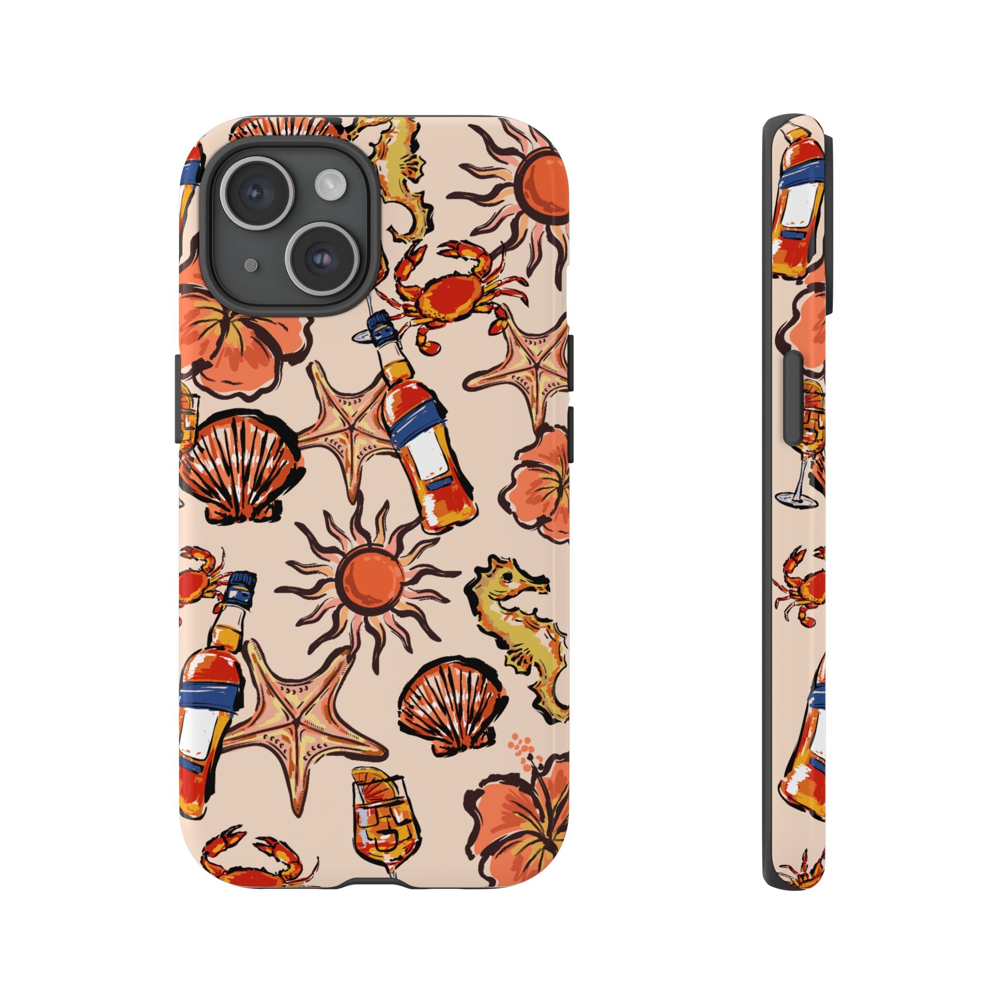 Tropical Beach Phone Case — Hibiscus, Seashells & Cocktail Pattern
