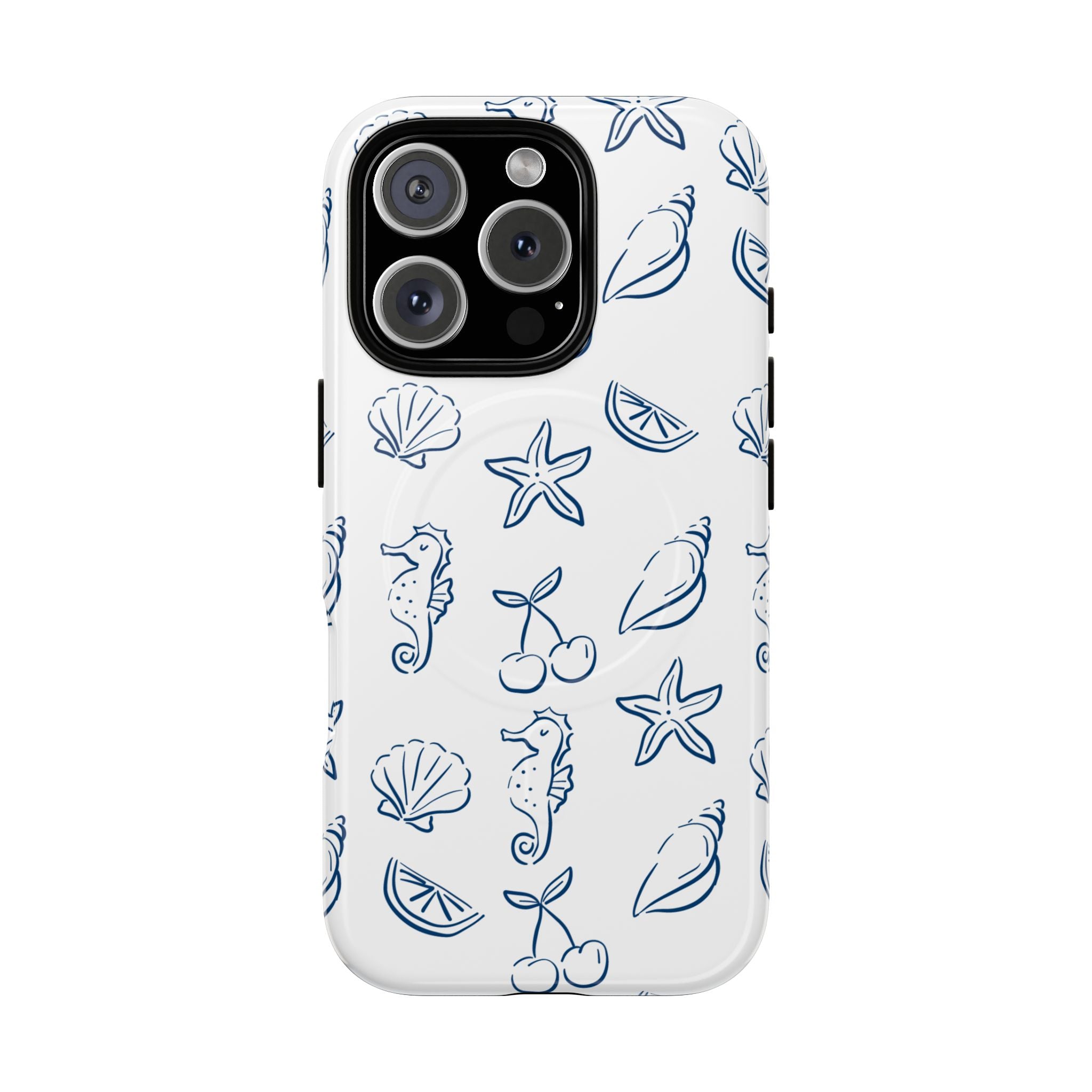 Nautical Sketch Magnetic Phone Case — Seahorse & Seashell Pattern