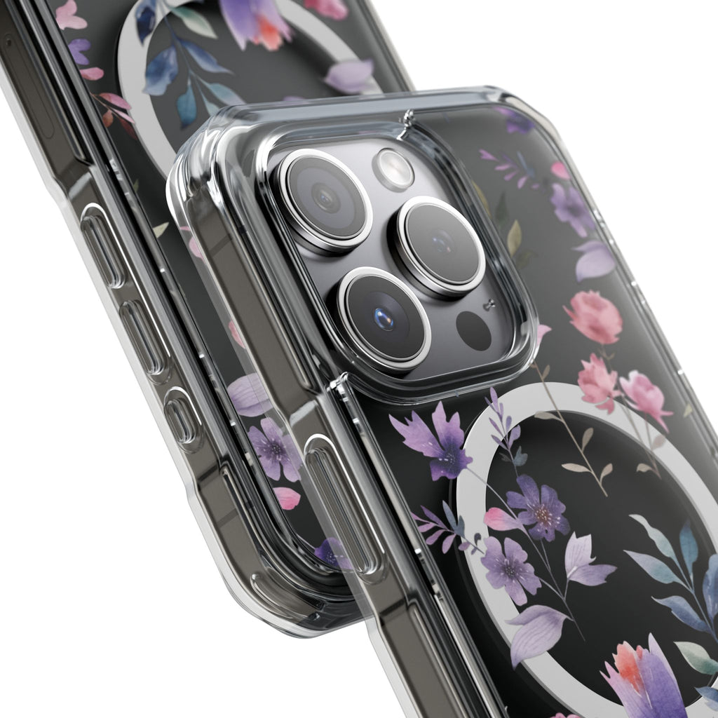 Clear Magnetic Phone Case – Floral Black MagSafe-Compatible Protective Cover