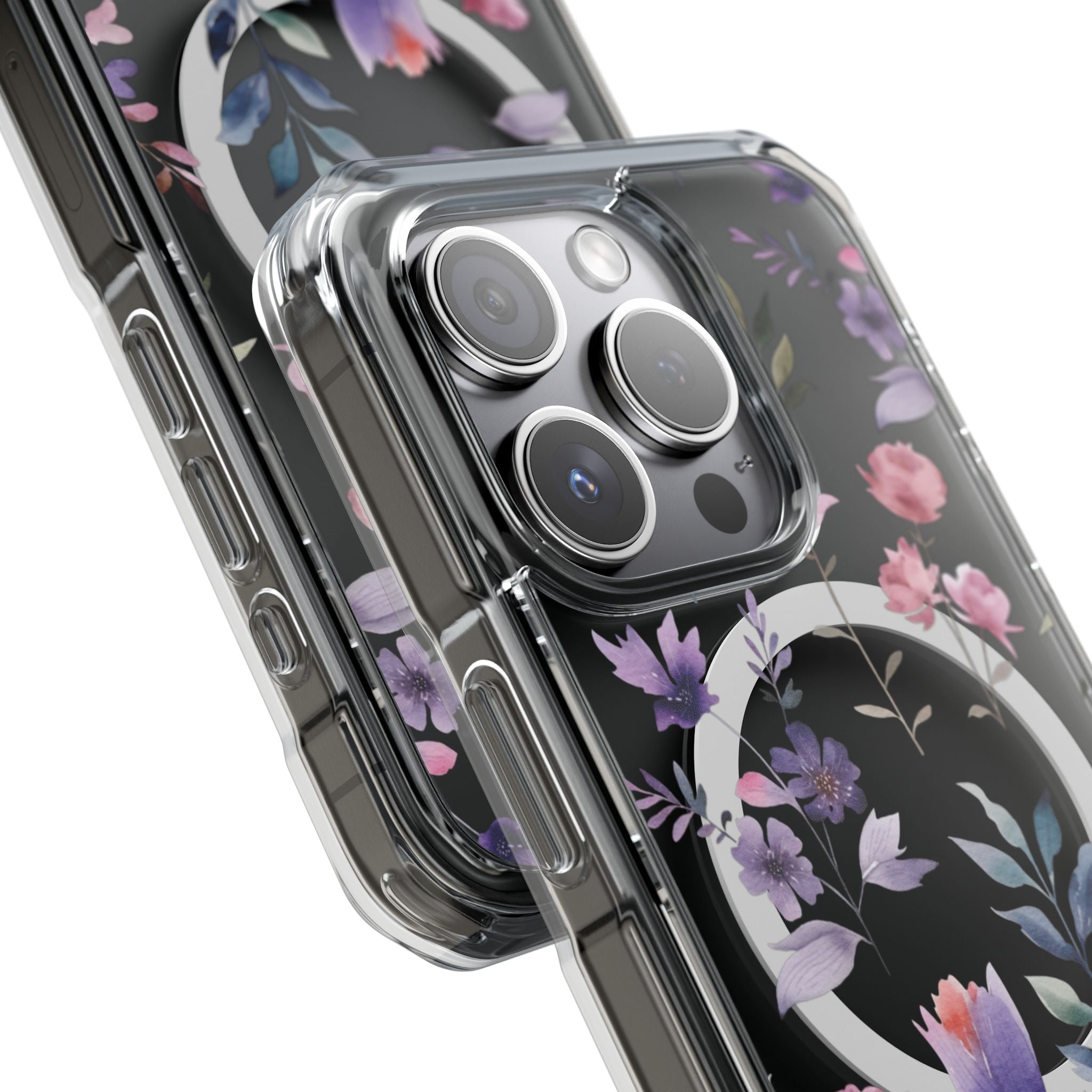 Clear Magnetic Phone Case – Floral Black MagSafe-Compatible Protective Cover