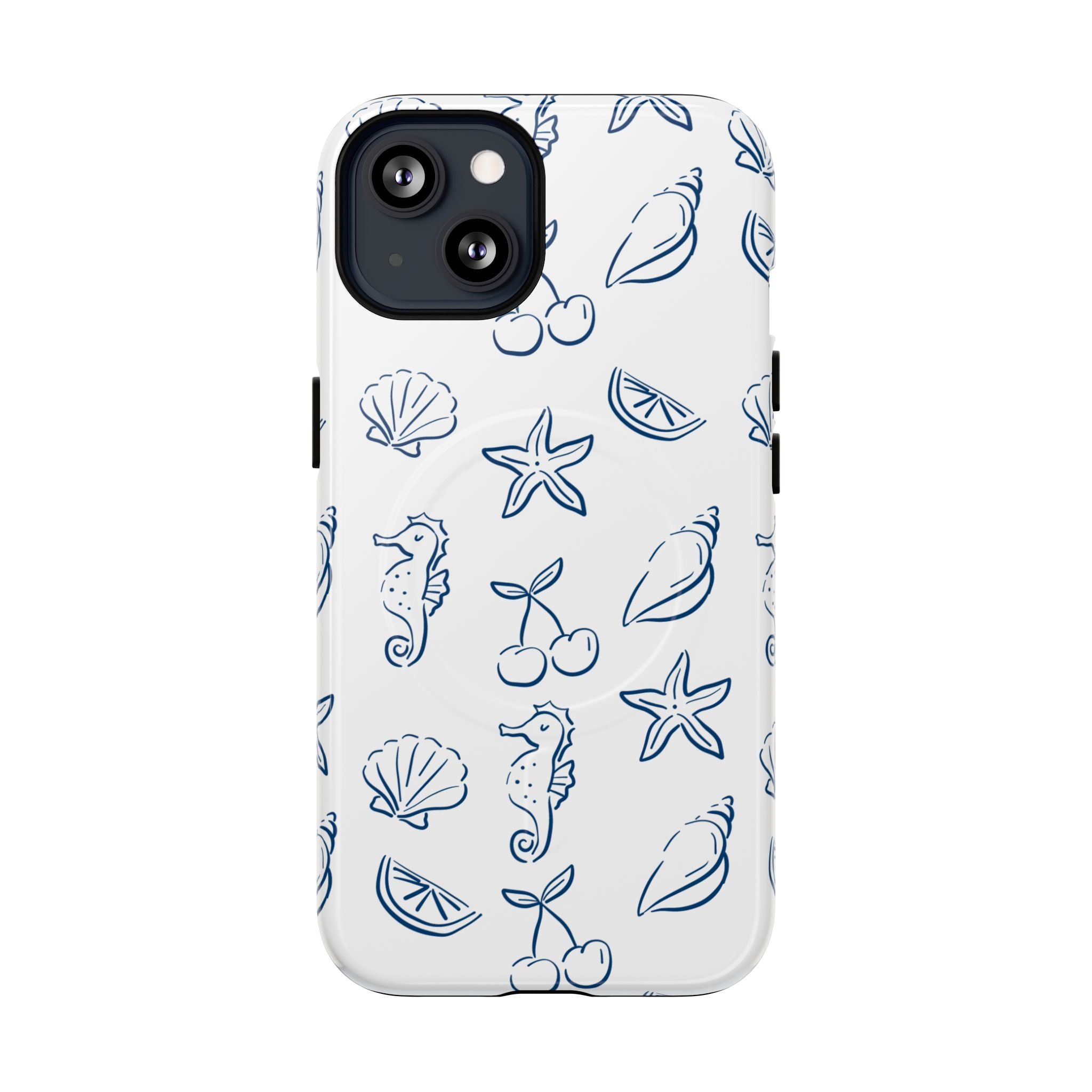 Nautical Sketch Magnetic Phone Case — Seahorse & Seashell Pattern