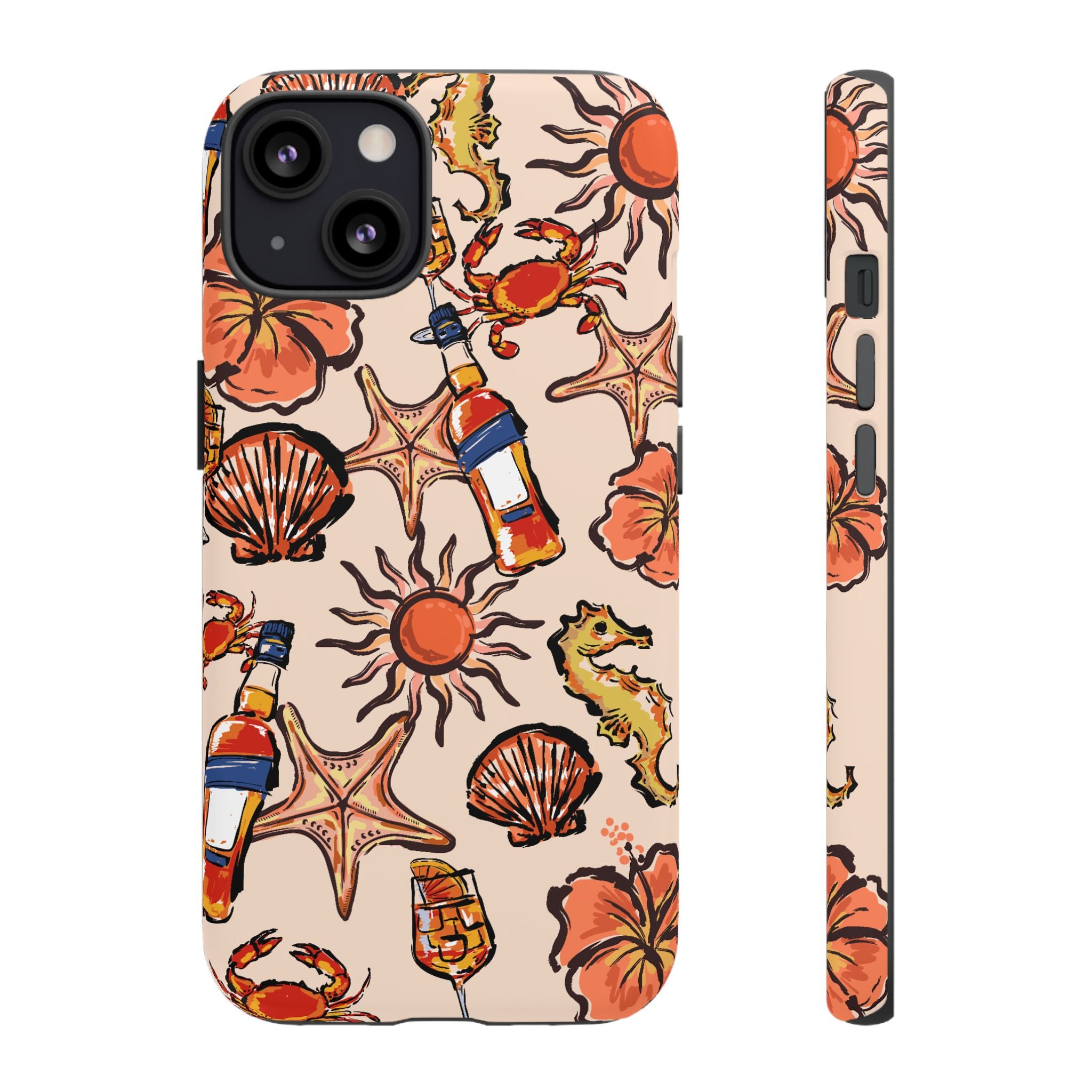 Tropical Beach Phone Case — Hibiscus, Seashells & Cocktail Pattern