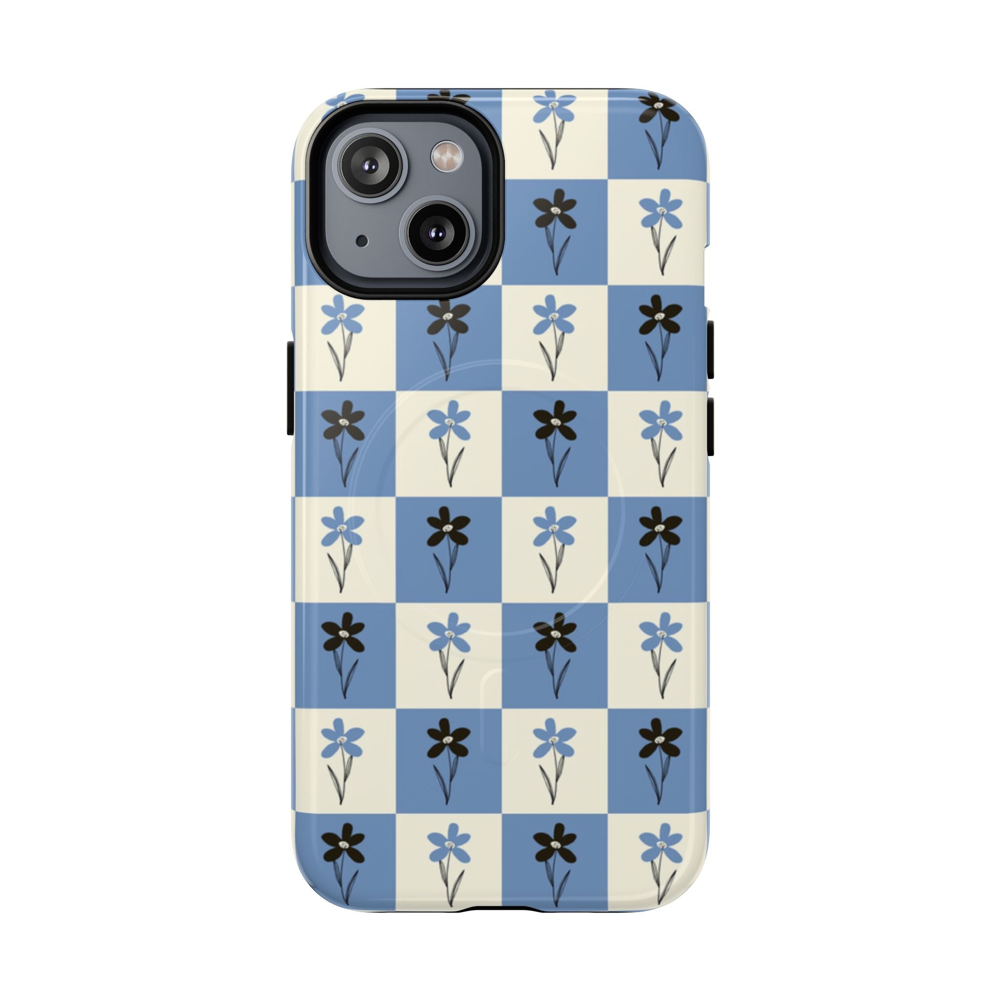 Floral Checkered Phone Case — Blue Vintage Flower Tough Magnetic Case