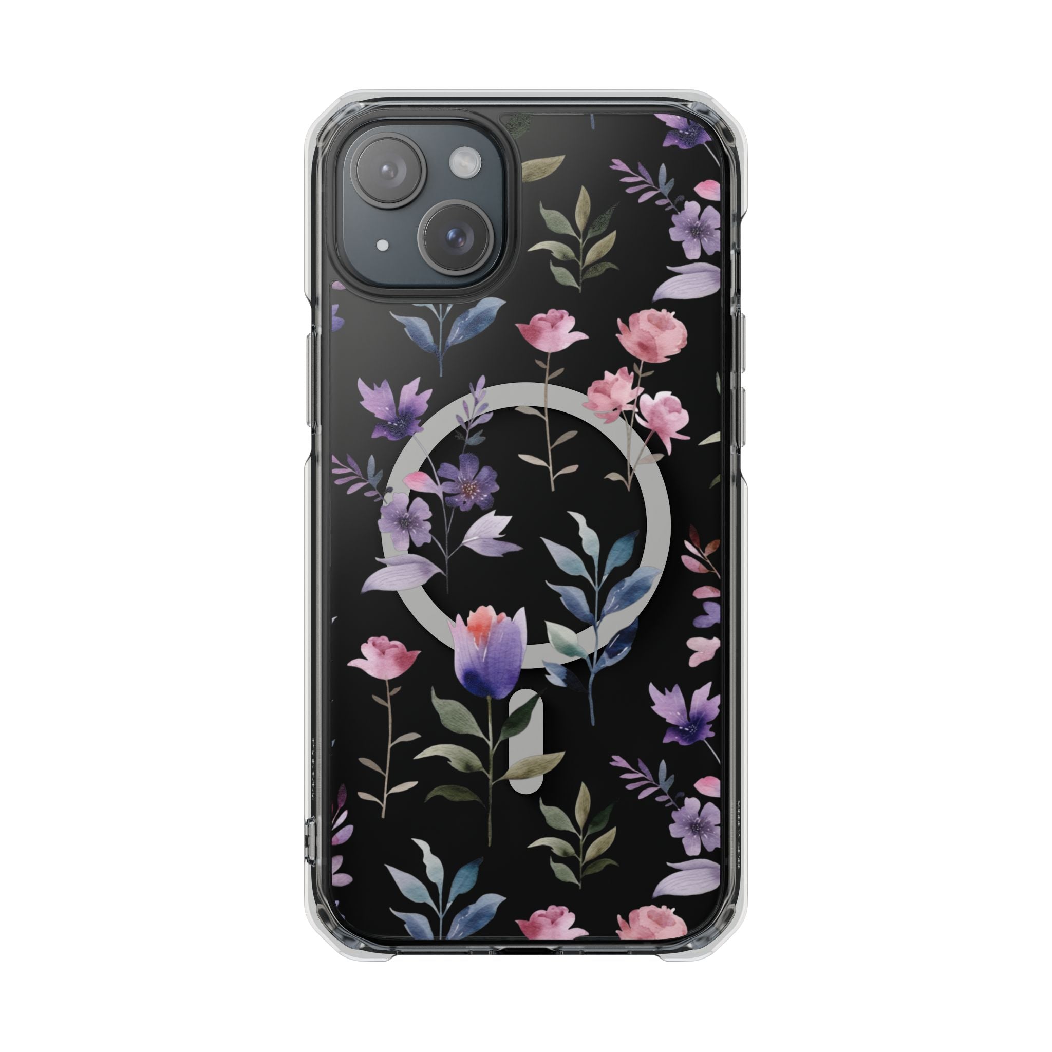 Clear Magnetic Phone Case – Floral Black MagSafe-Compatible Protective Cover