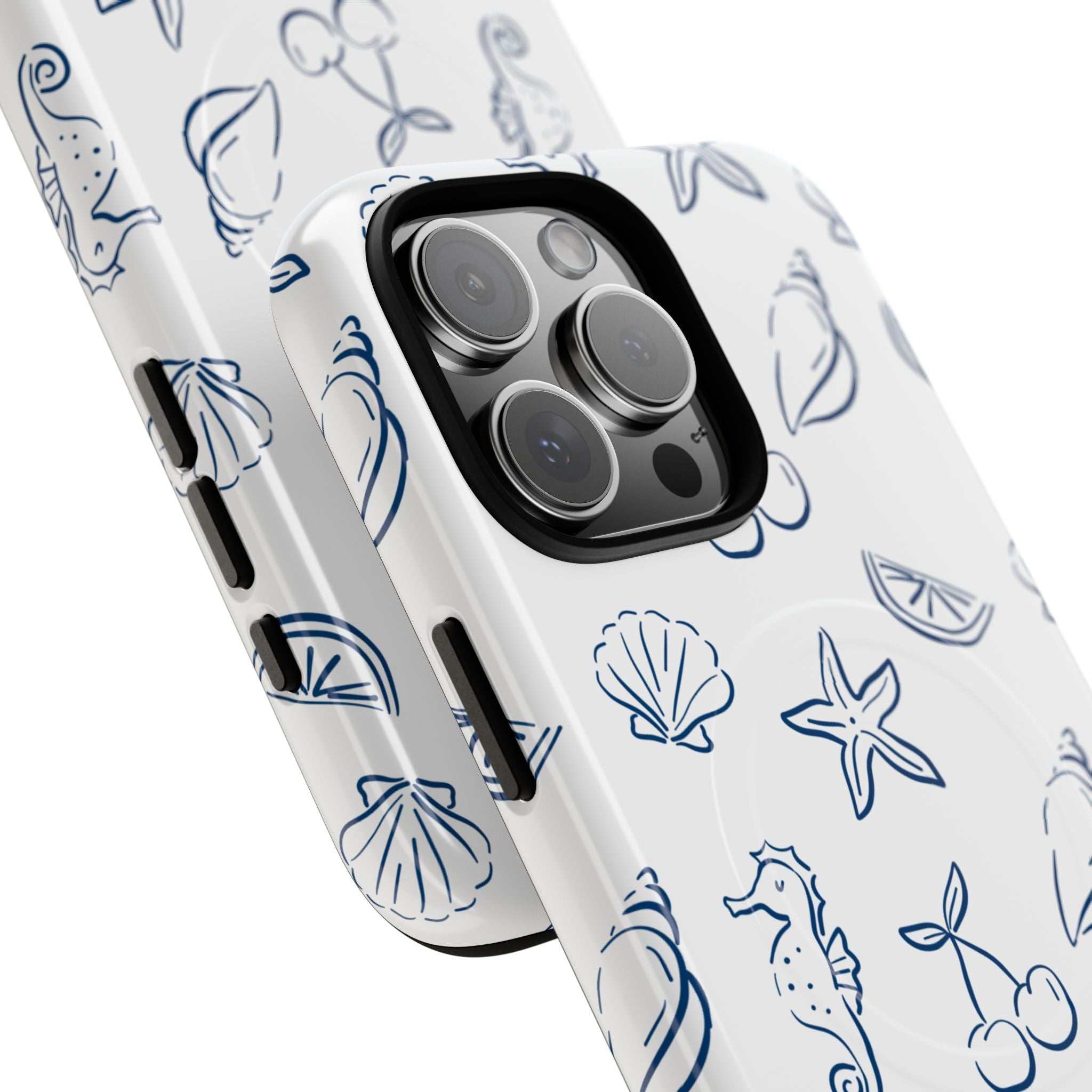 Nautical Sketch Magnetic Phone Case — Seahorse & Seashell Pattern