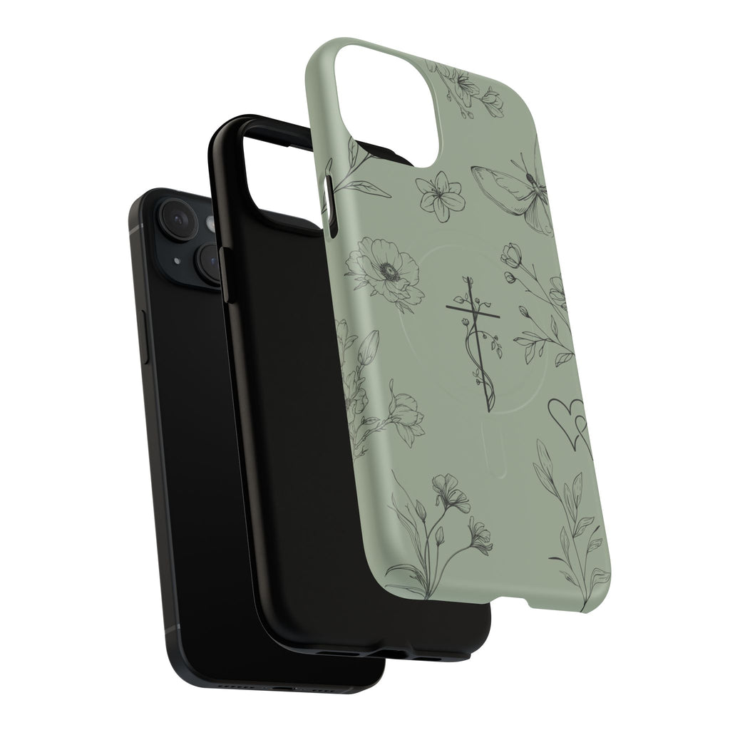 MagSafe phone case - sage green floral cross design