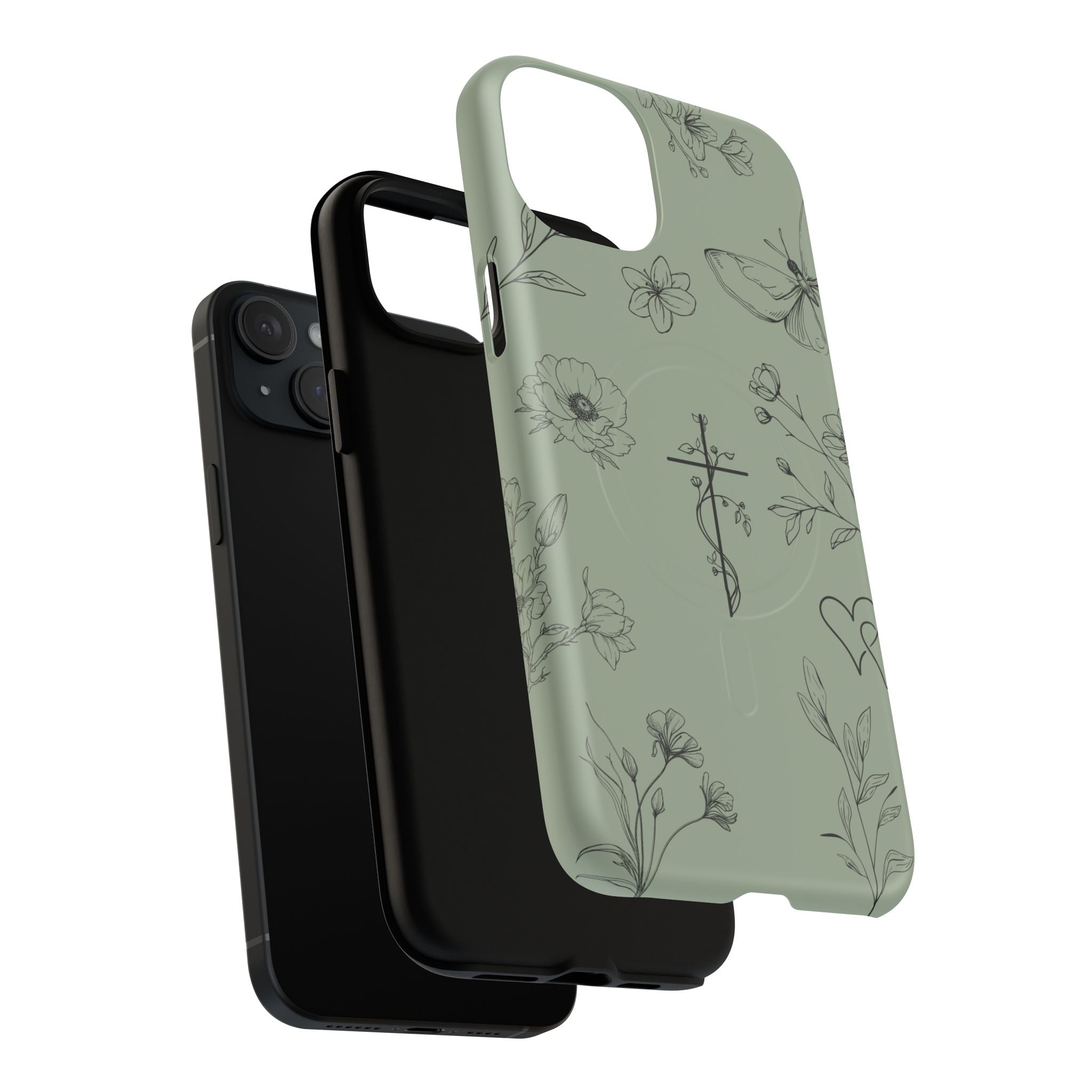 MagSafe phone case - sage green floral cross design