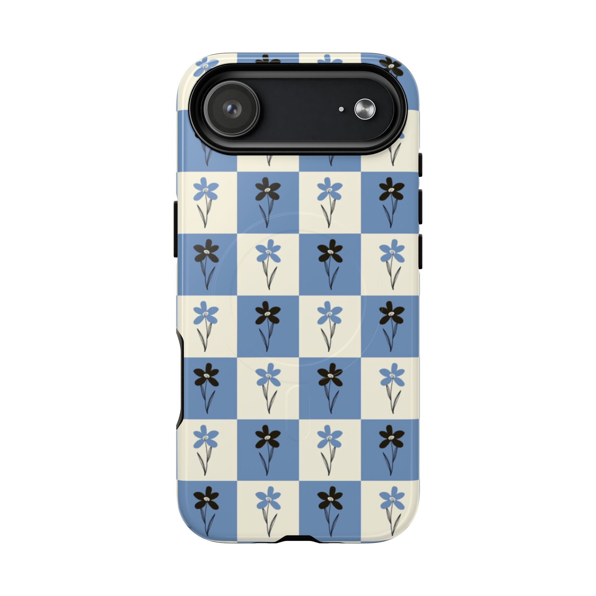 Floral Checkered Phone Case — Blue Vintage Flower Tough Magnetic Case