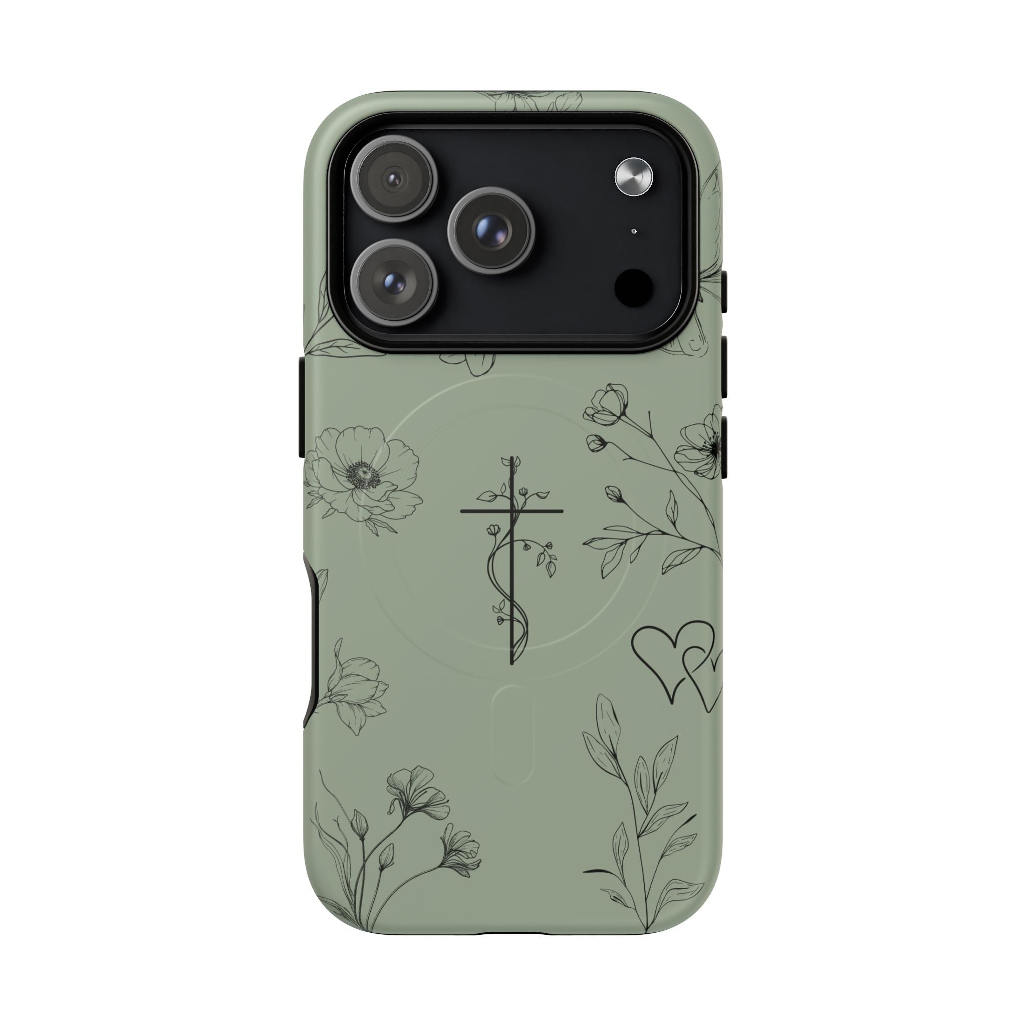 MagSafe phone case - sage green floral cross design