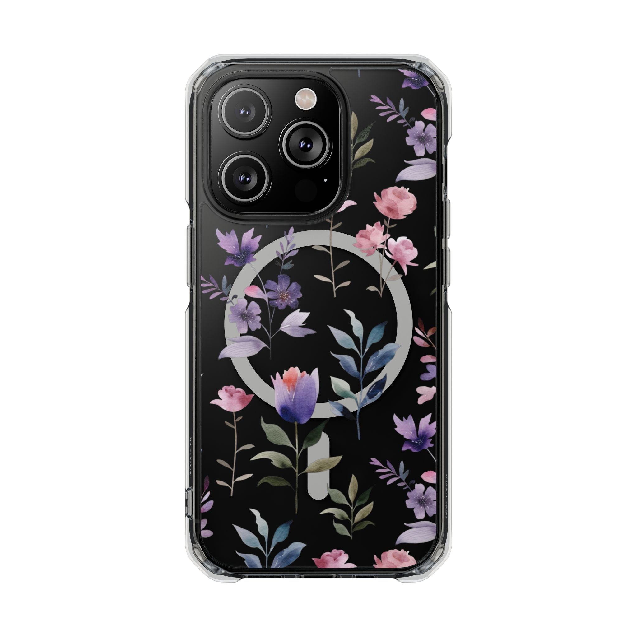 Clear Magnetic Phone Case – Floral Black MagSafe-Compatible Protective Cover