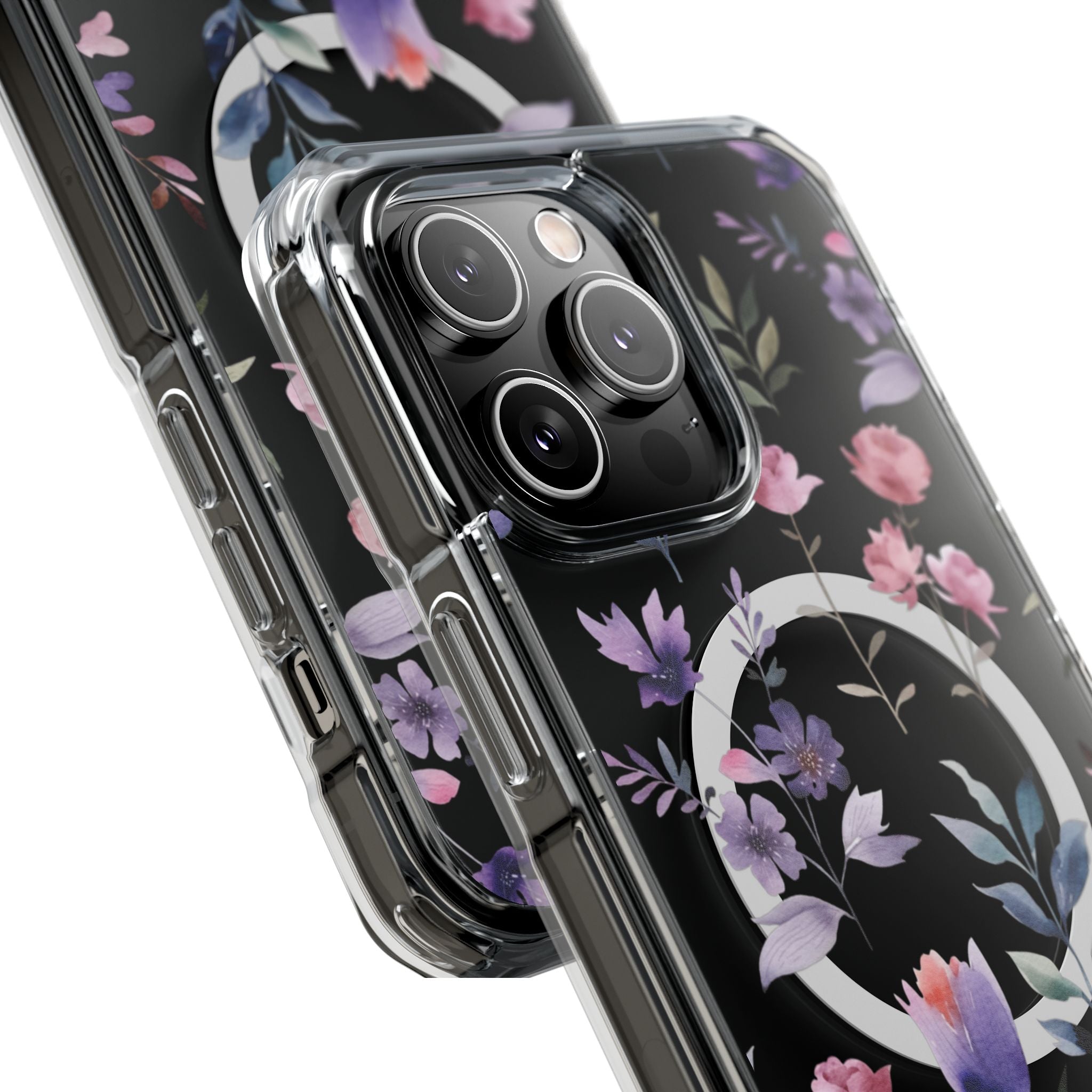 Clear Magnetic Phone Case – Floral Black MagSafe-Compatible Protective Cover