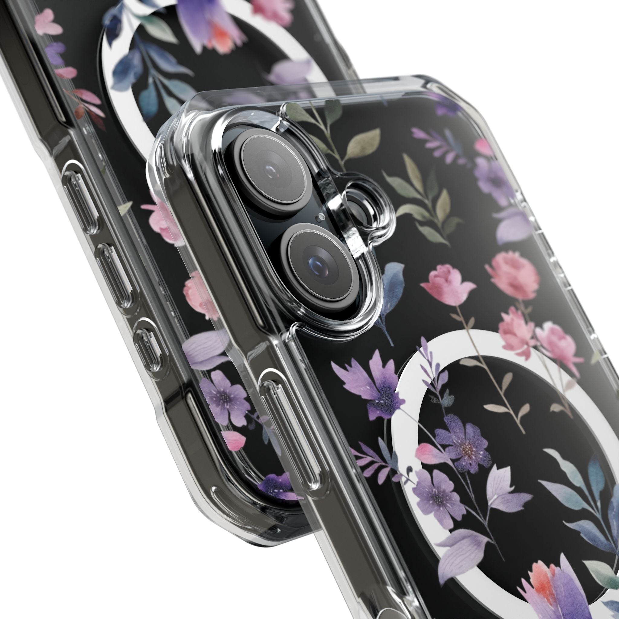 Clear Magnetic Phone Case – Floral Black MagSafe-Compatible Protective Cover