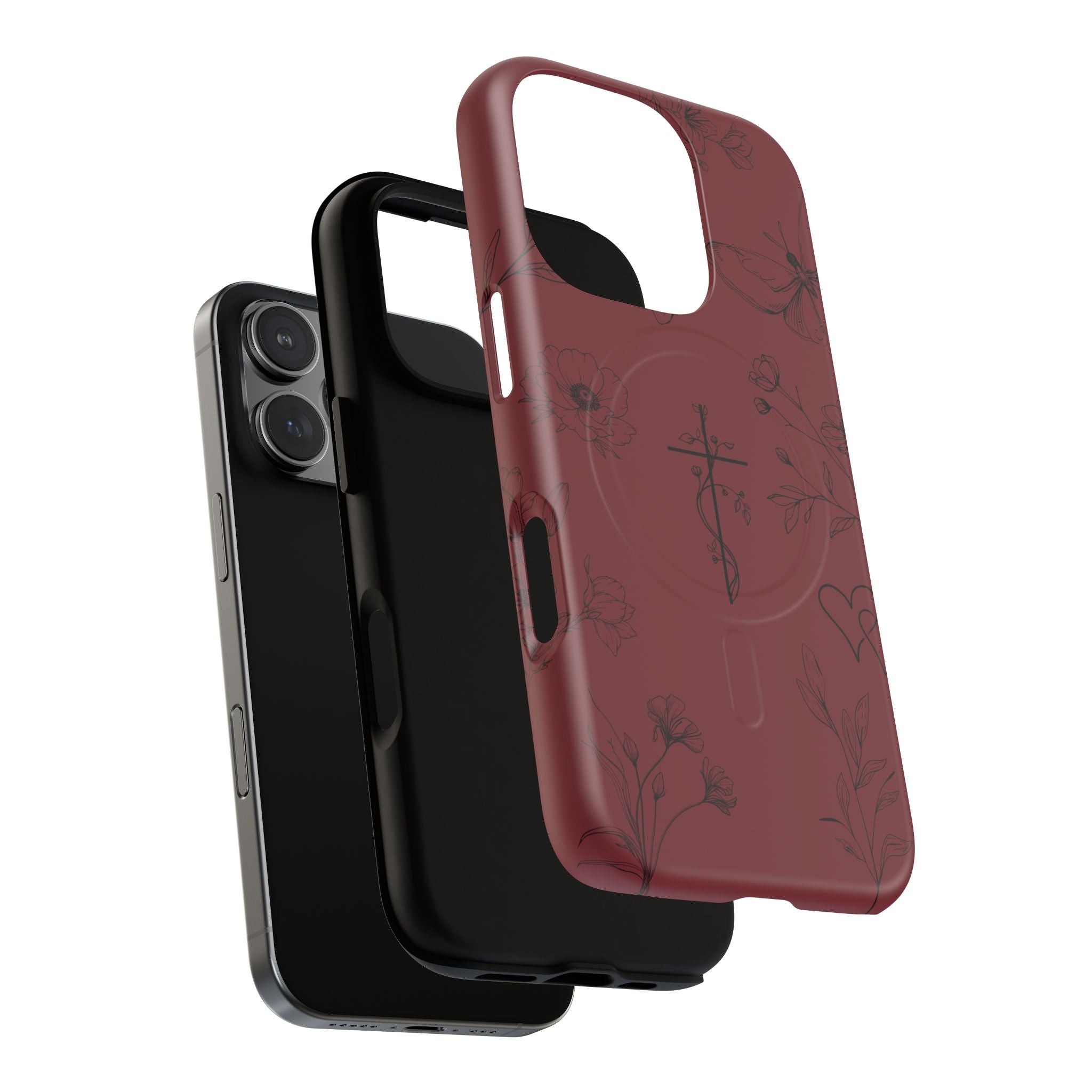 Floral Cross Tough Magnetic Phone Case — Burgundy Protective Cover
