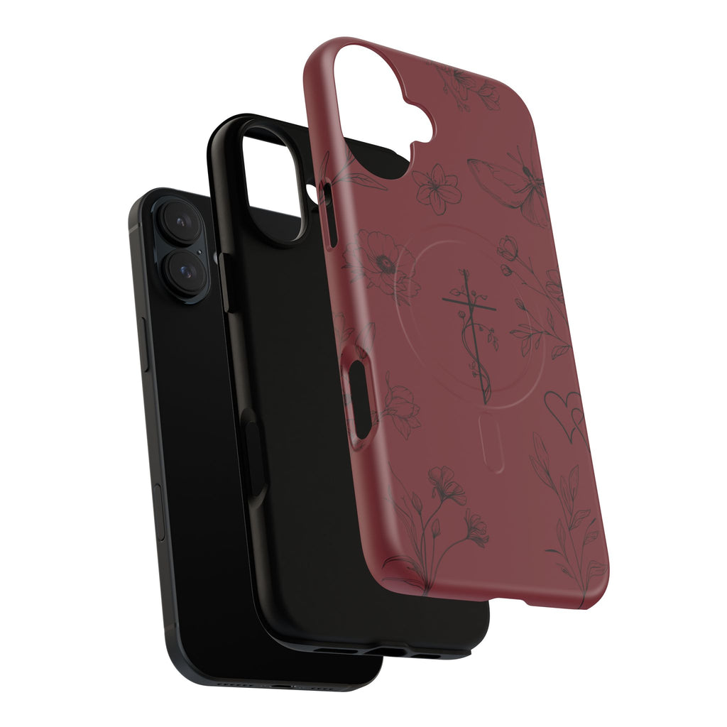 Floral Cross Tough Magnetic Phone Case — Burgundy Protective Cover