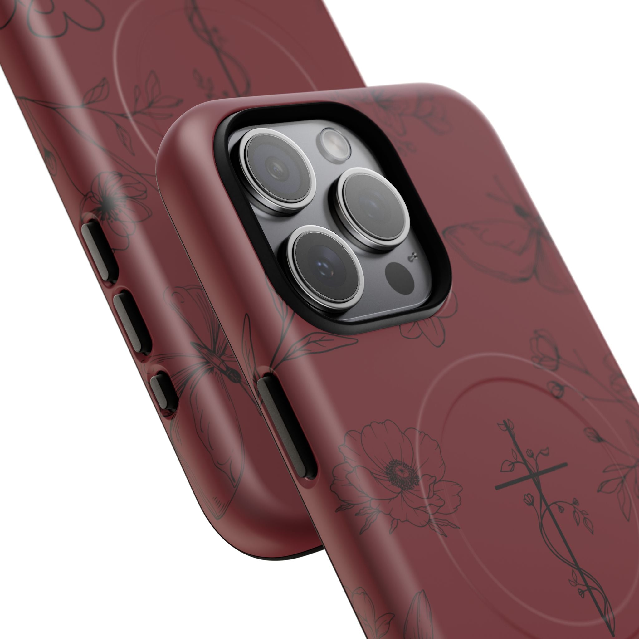 Floral Cross Tough Magnetic Phone Case — Burgundy Protective Cover