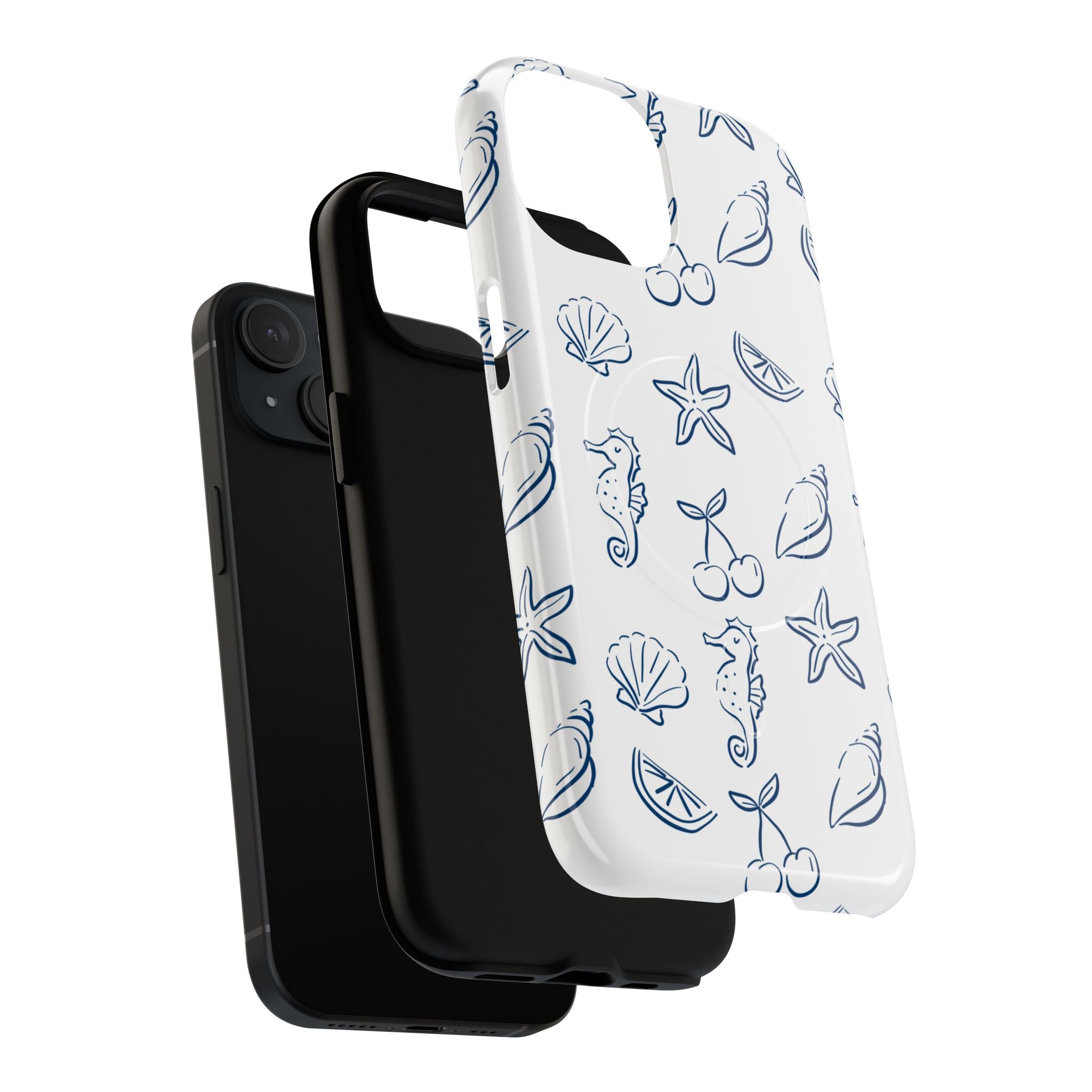 Nautical Sketch Magnetic Phone Case — Seahorse & Seashell Pattern