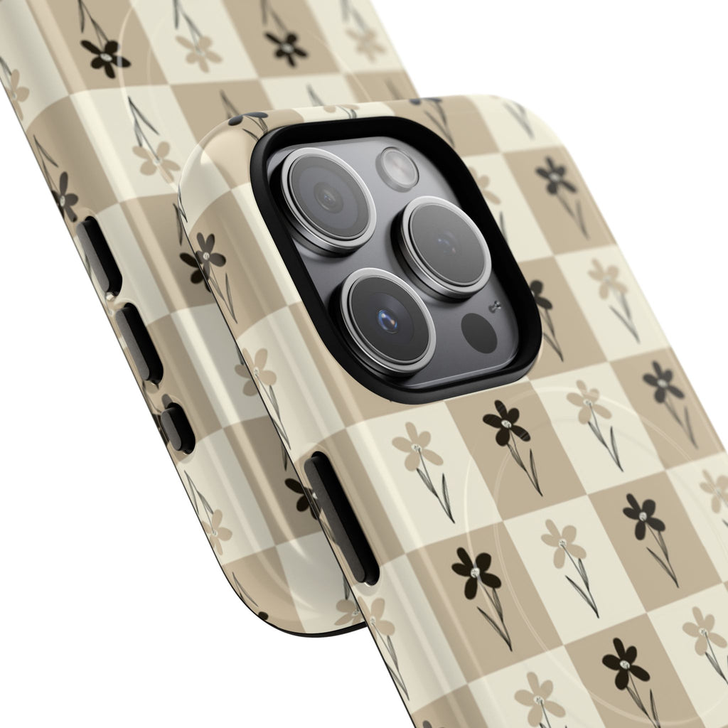 Floral Checkered Tough Magnetic Phone Case — Beige Vintage Flower Grid