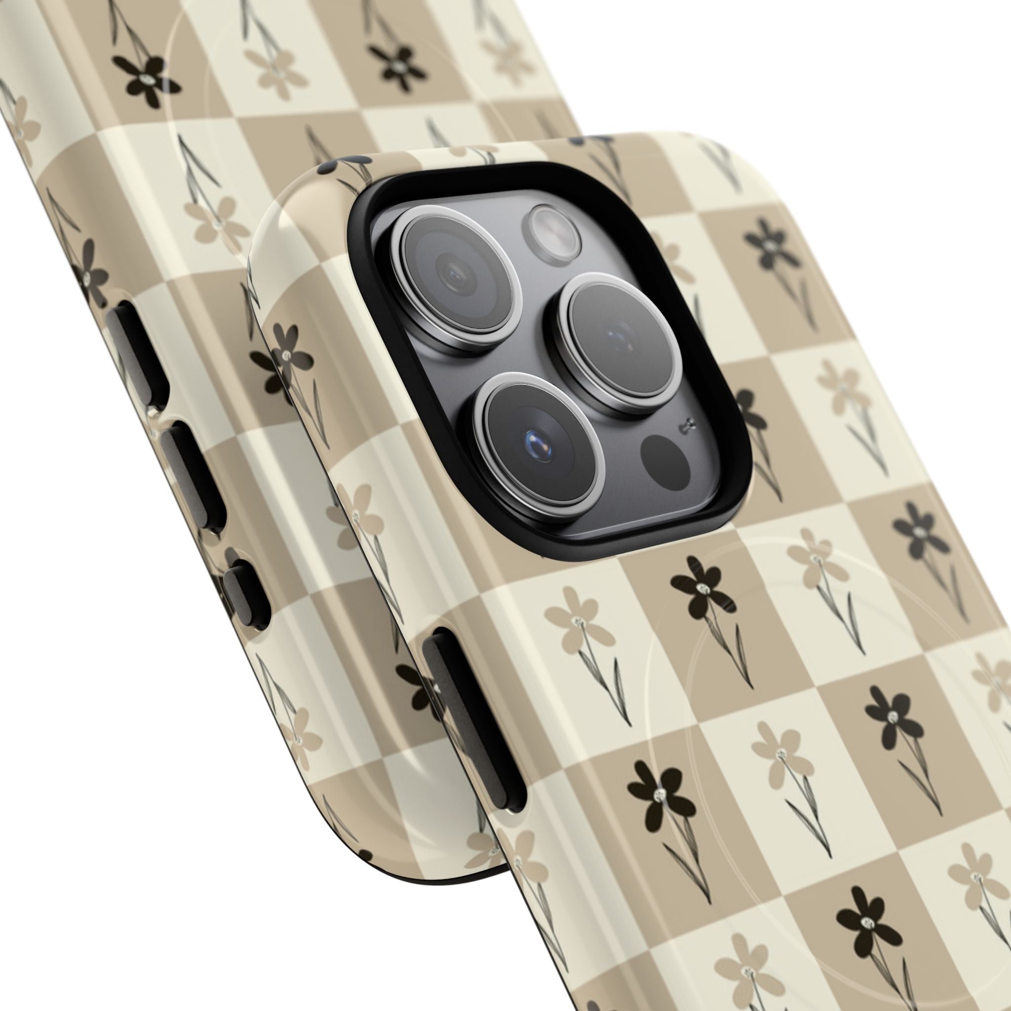 Floral Checkered Tough Magnetic Phone Case — Beige Vintage Flower Grid