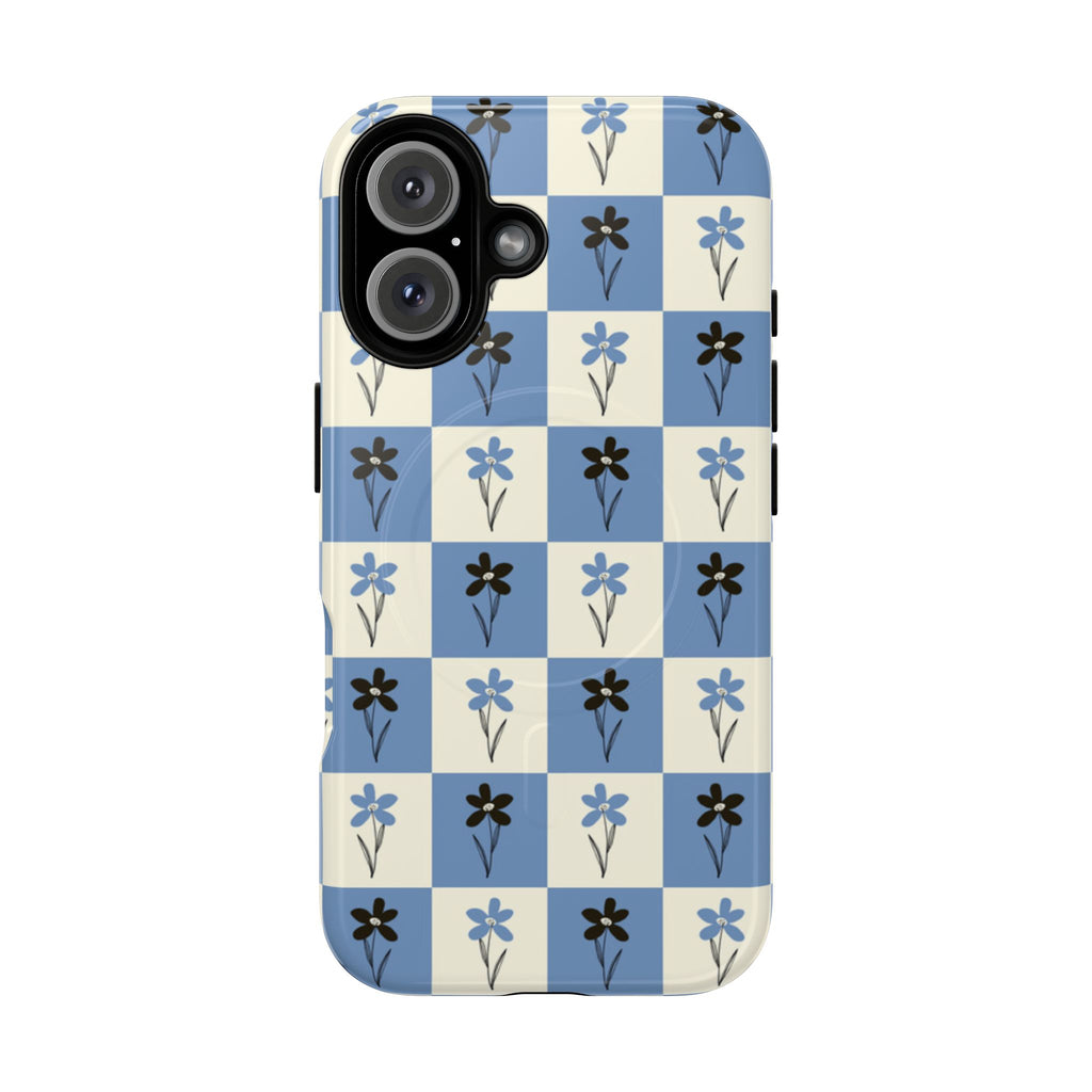 Floral Checkered Phone Case — Blue Vintage Flower Tough Magnetic Case