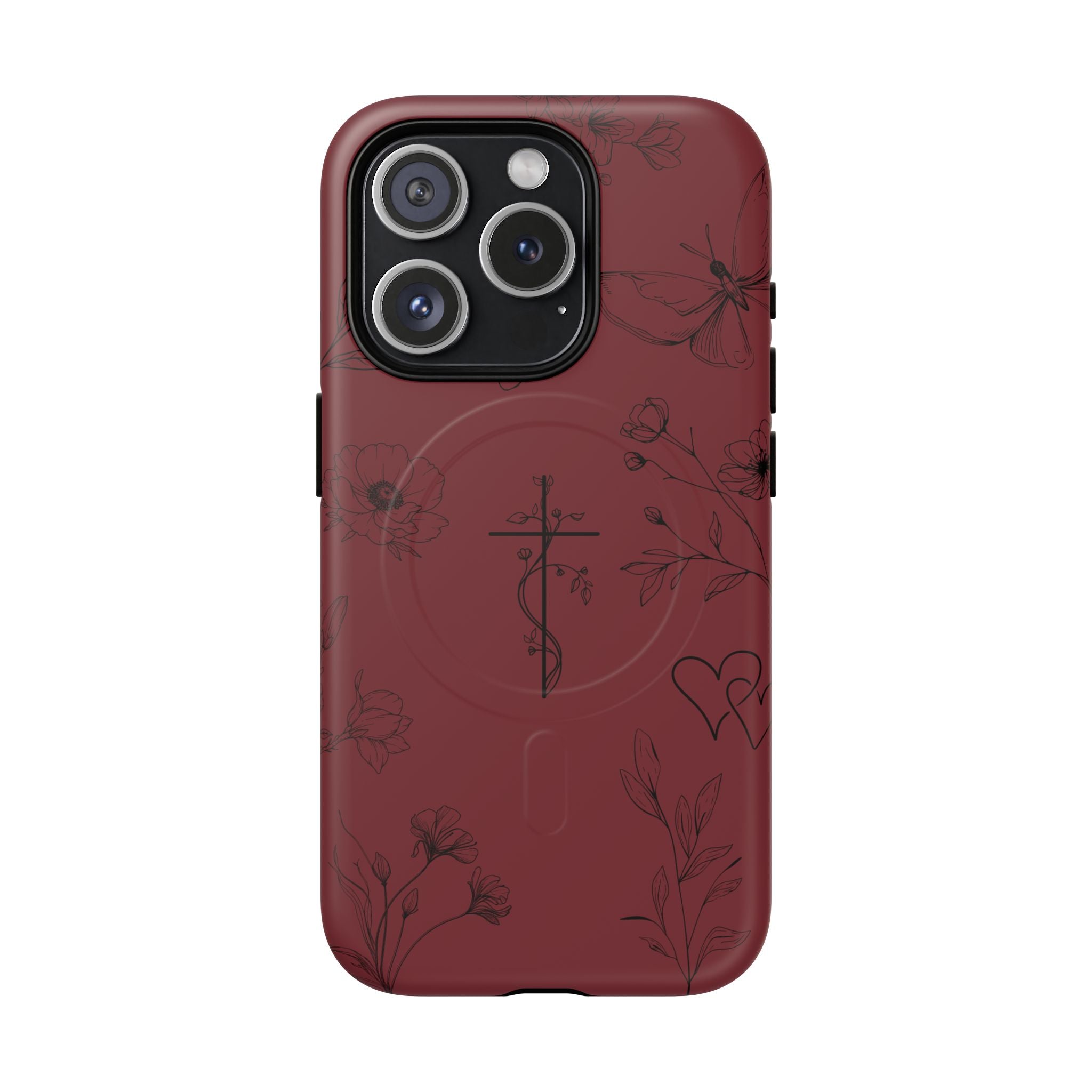 Floral Cross Tough Magnetic Phone Case — Burgundy Protective Cover