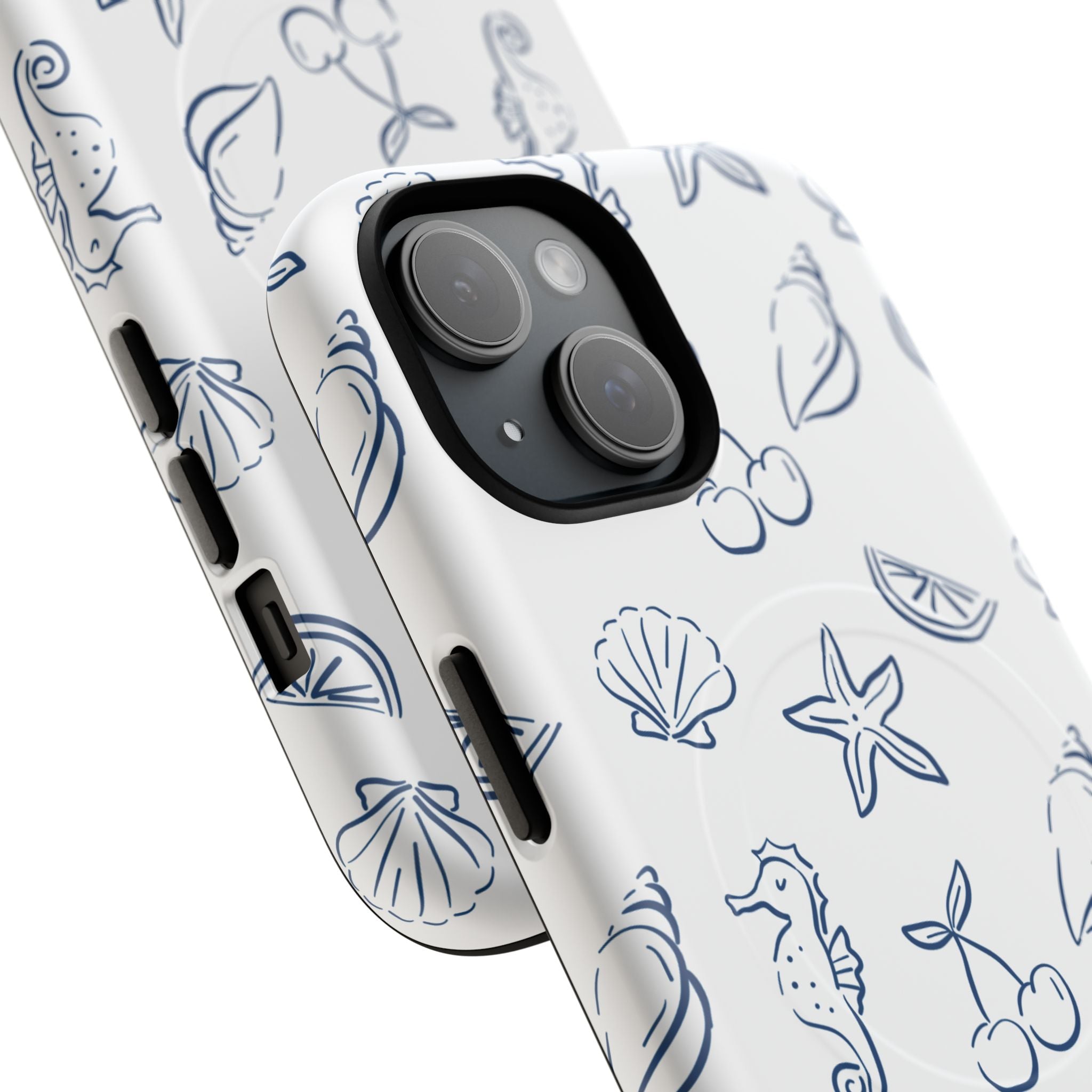 Nautical Sketch Magnetic Phone Case — Seahorse & Seashell Pattern