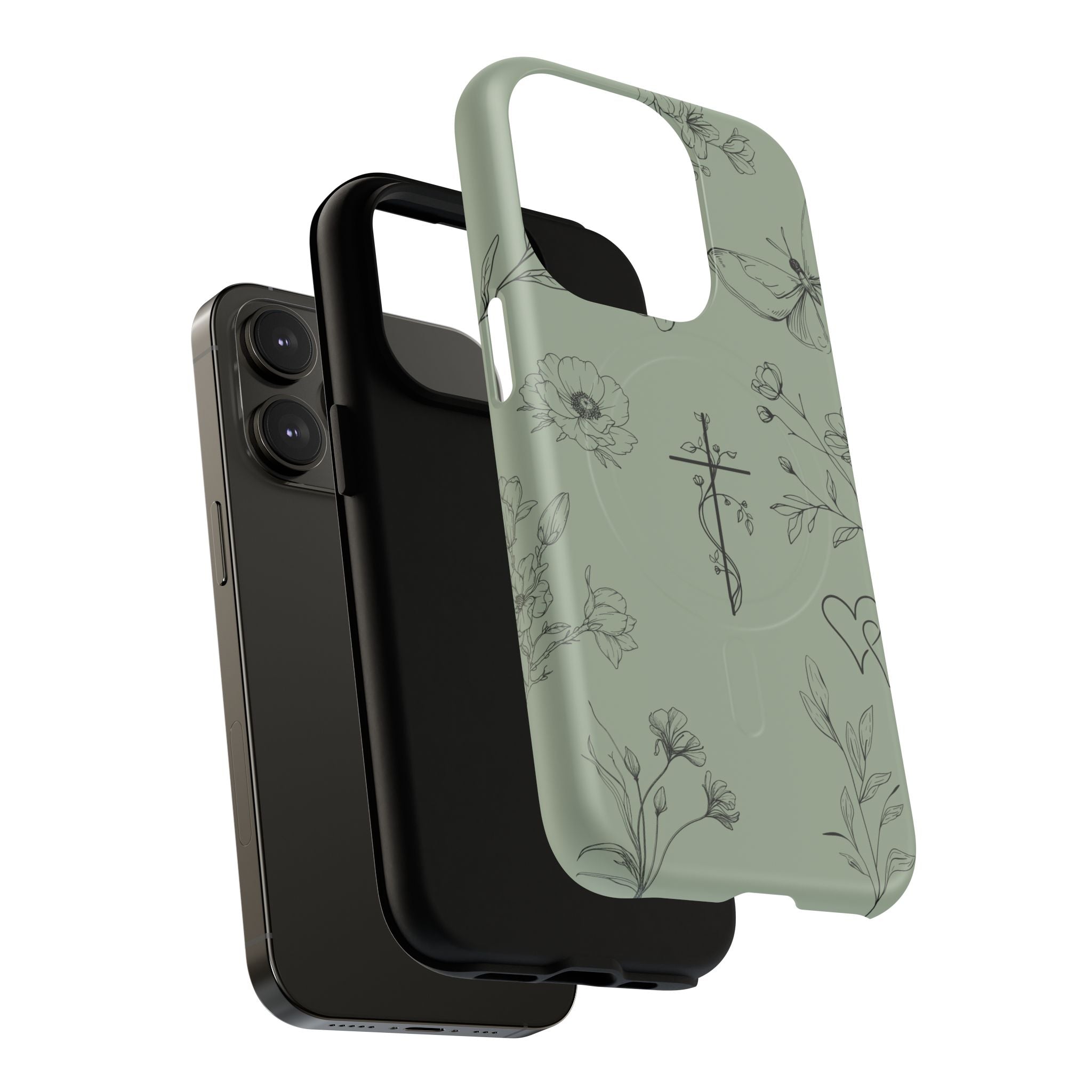 MagSafe phone case - sage green floral cross design