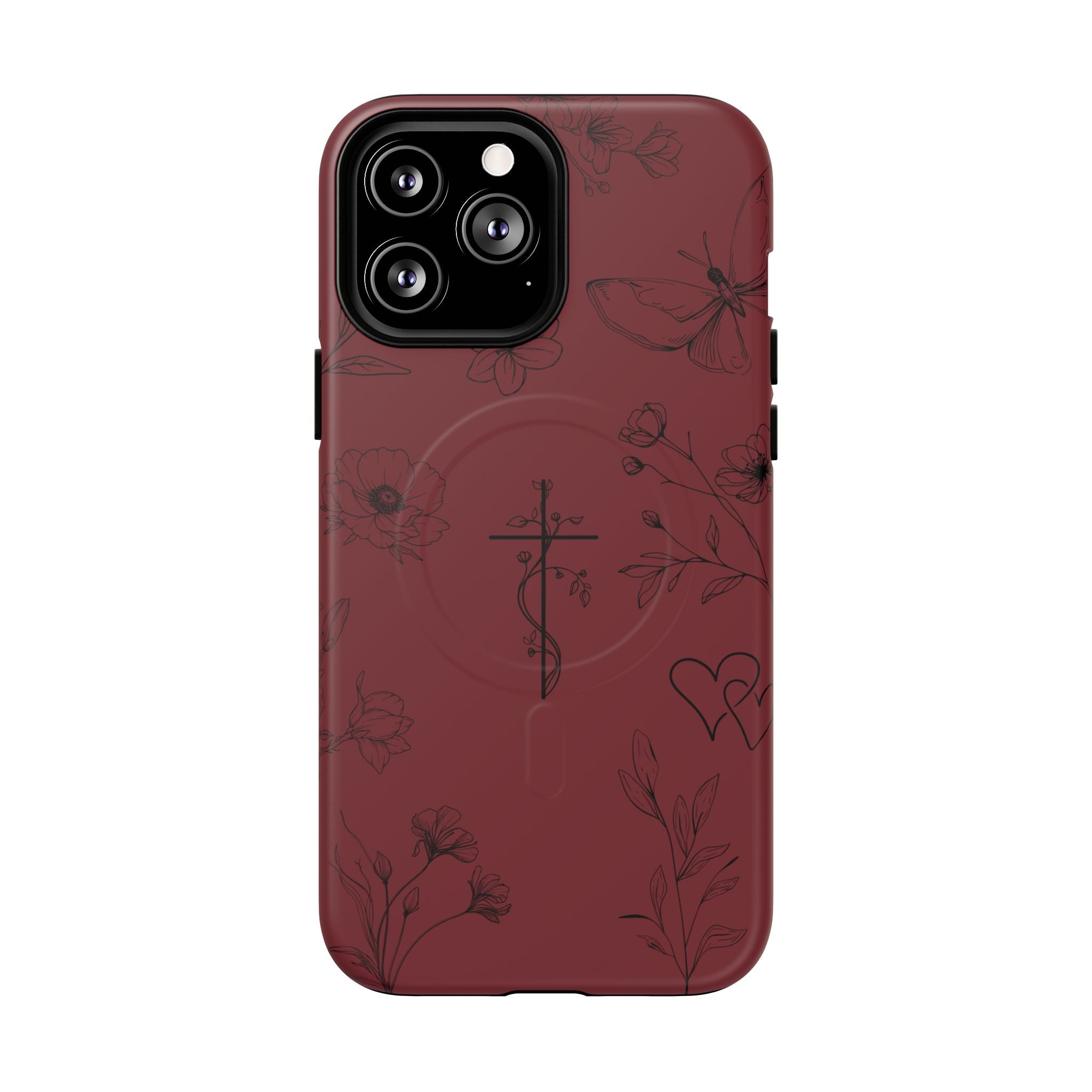 Floral Cross Tough Magnetic Phone Case — Burgundy Protective Cover