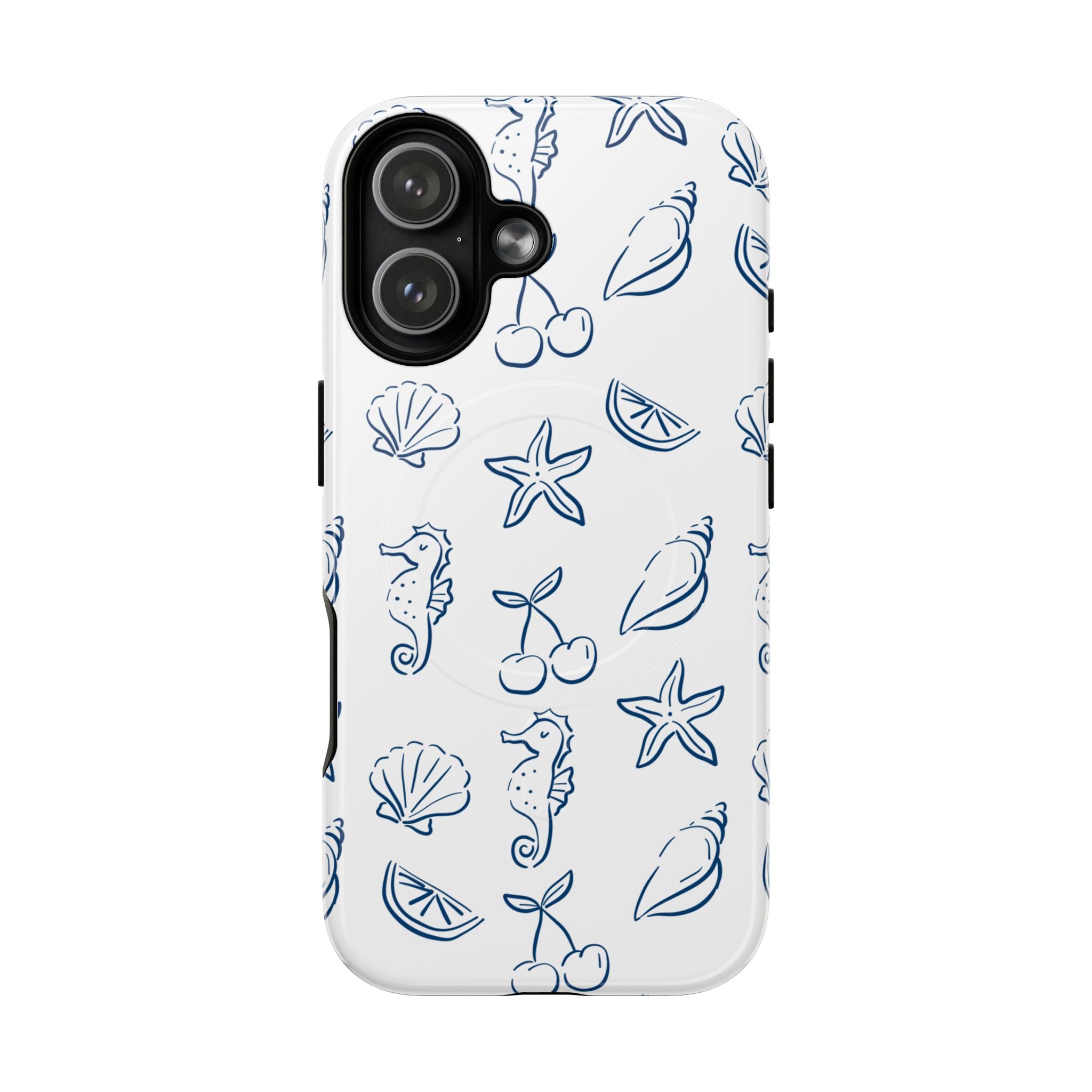 Nautical Sketch Magnetic Phone Case — Seahorse & Seashell Pattern