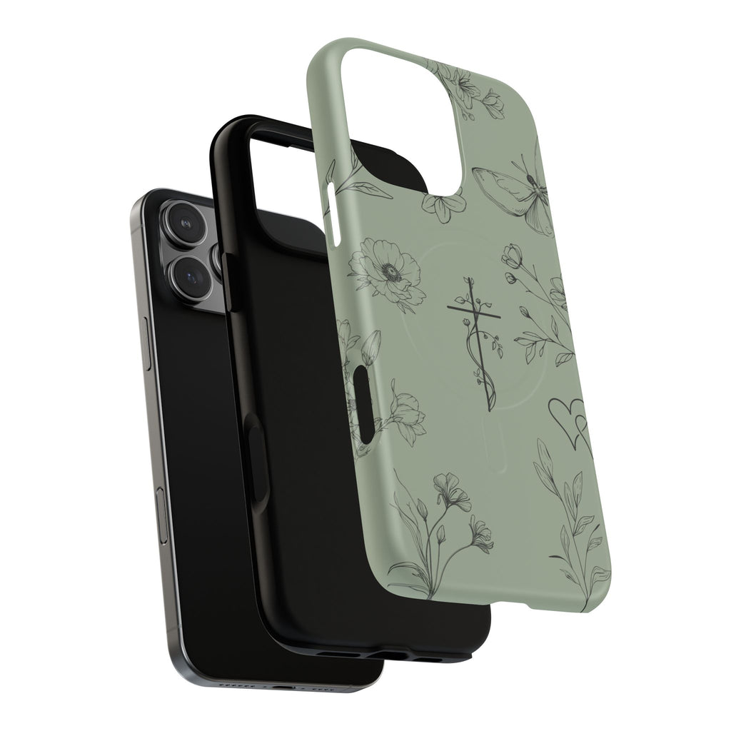 MagSafe phone case - sage green floral cross design