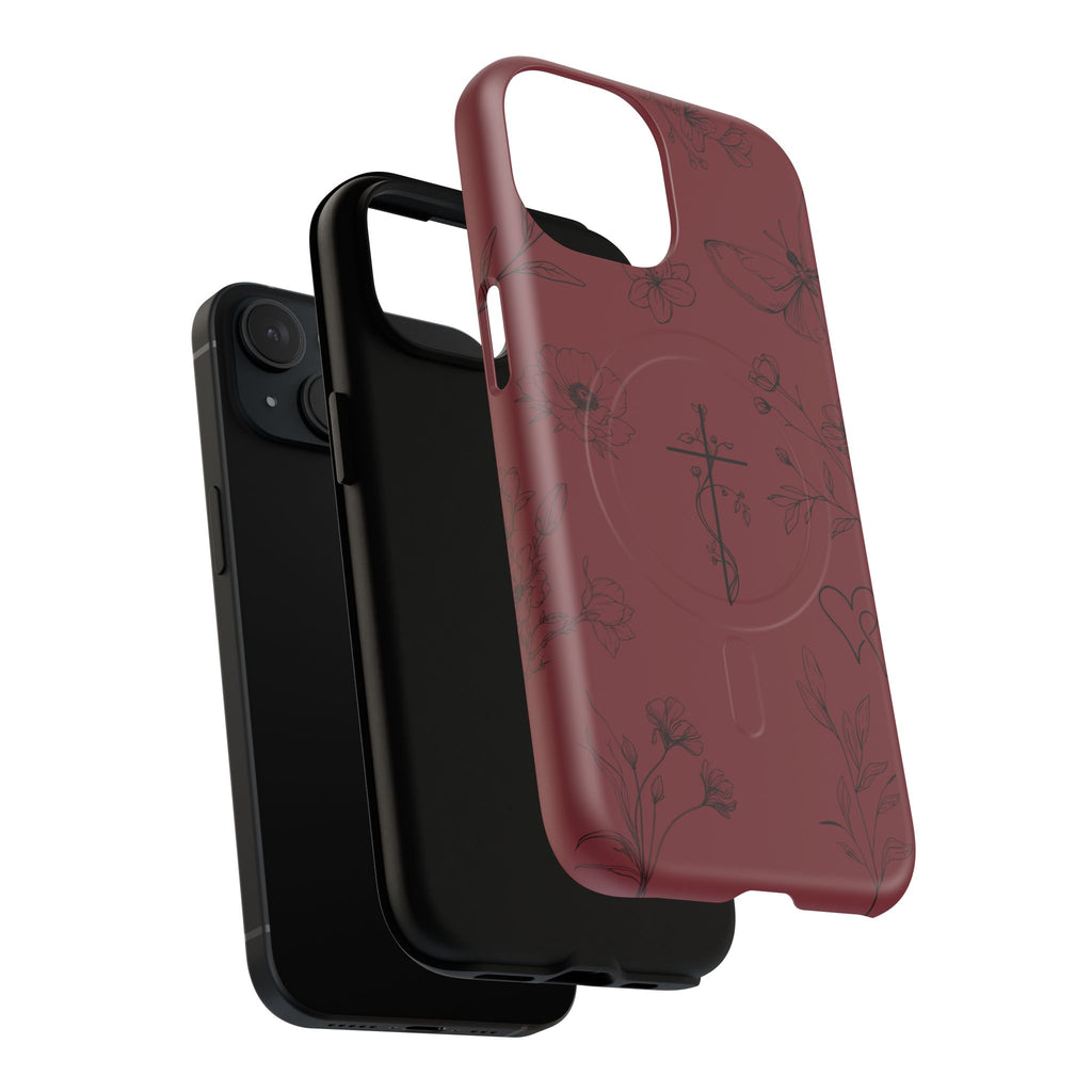 Floral Cross Tough Magnetic Phone Case — Burgundy Protective Cover