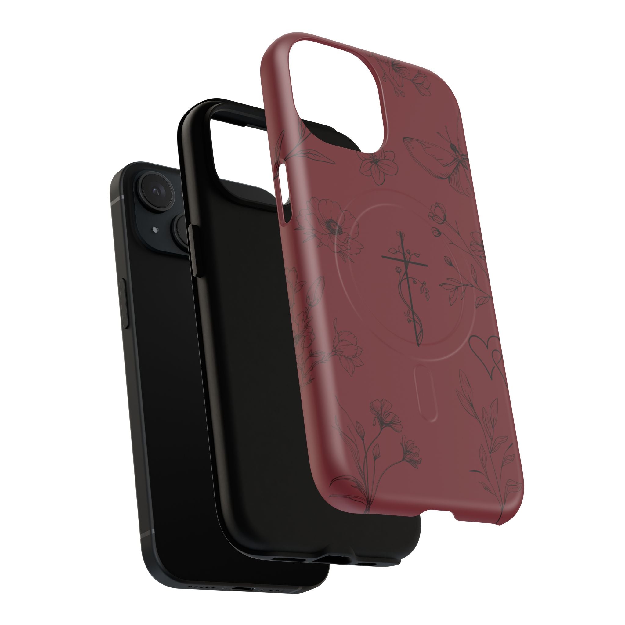 Floral Cross Tough Magnetic Phone Case — Burgundy Protective Cover