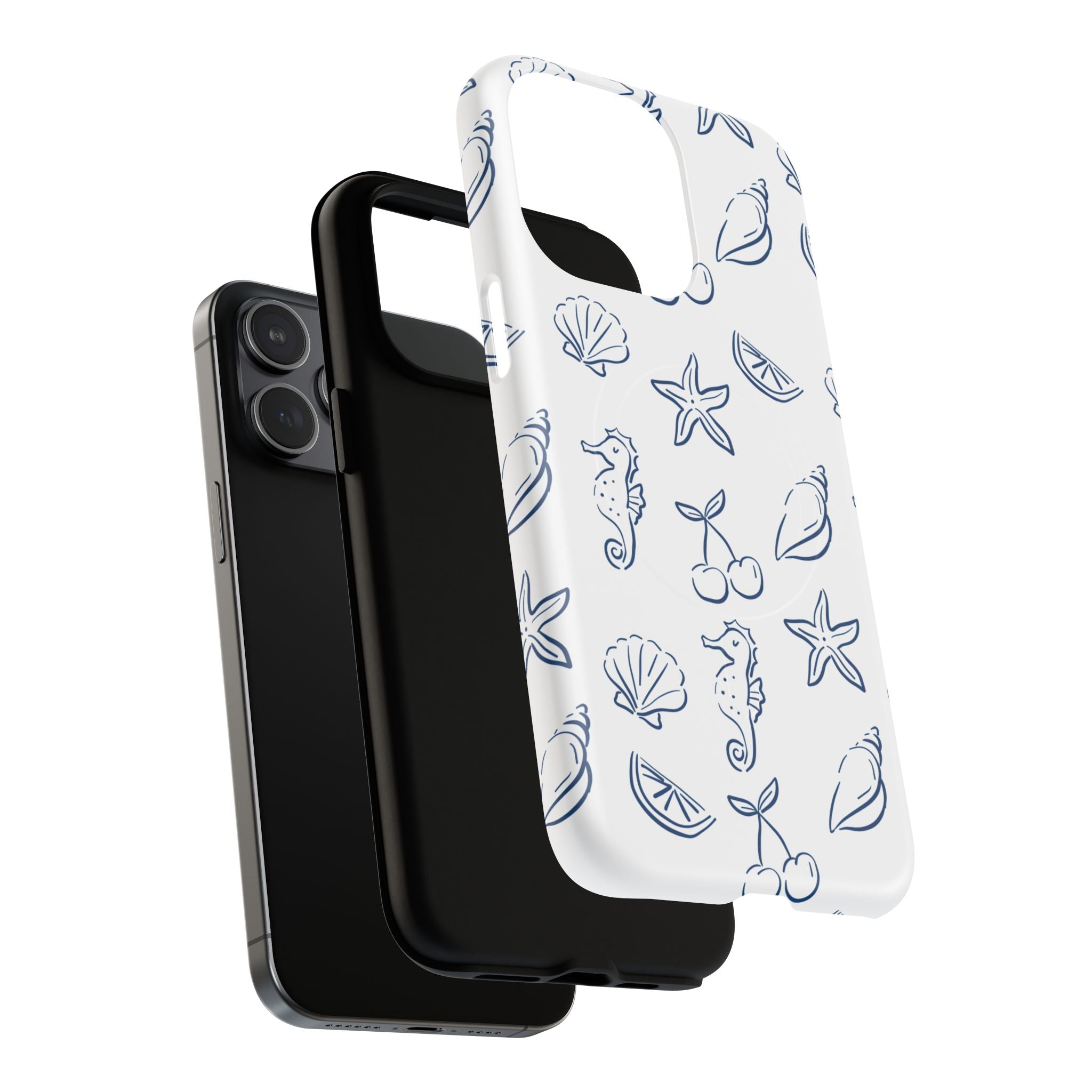 Nautical Sketch Magnetic Phone Case — Seahorse & Seashell Pattern