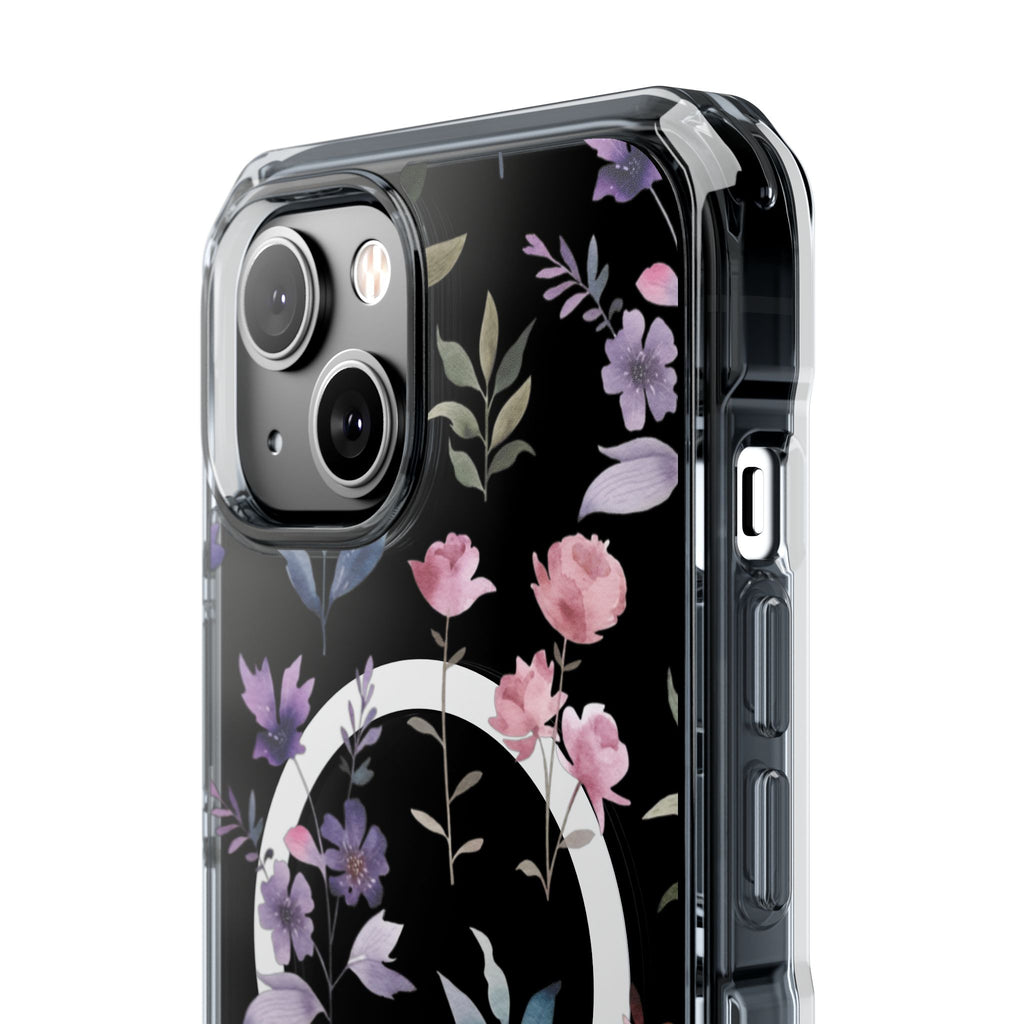 Clear Magnetic Phone Case – Floral Black MagSafe-Compatible Protective Cover