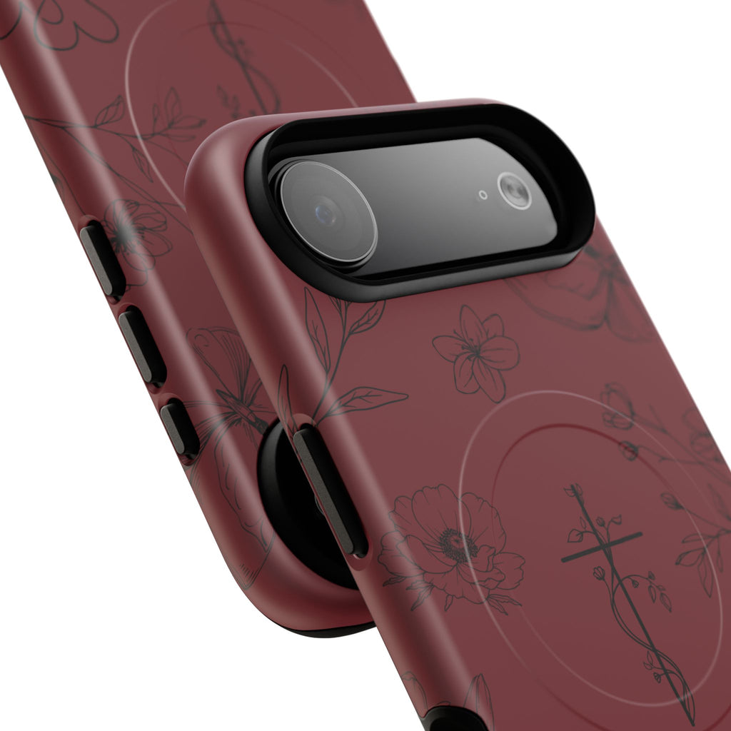 Floral Cross Tough Magnetic Phone Case — Burgundy Protective Cover