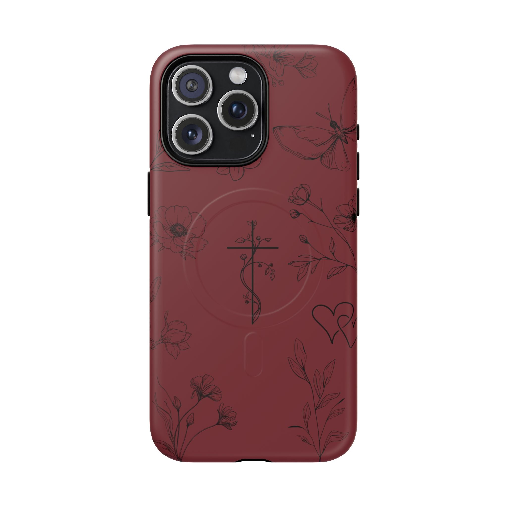 Floral Cross Tough Magnetic Phone Case — Burgundy Protective Cover
