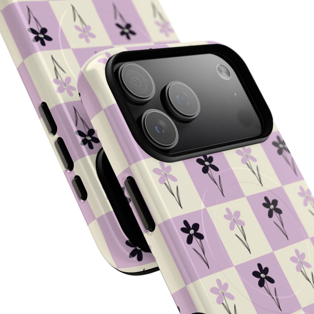Floral Check Pattern Tough Magnetic Phone Case — Lavender Retro Grid