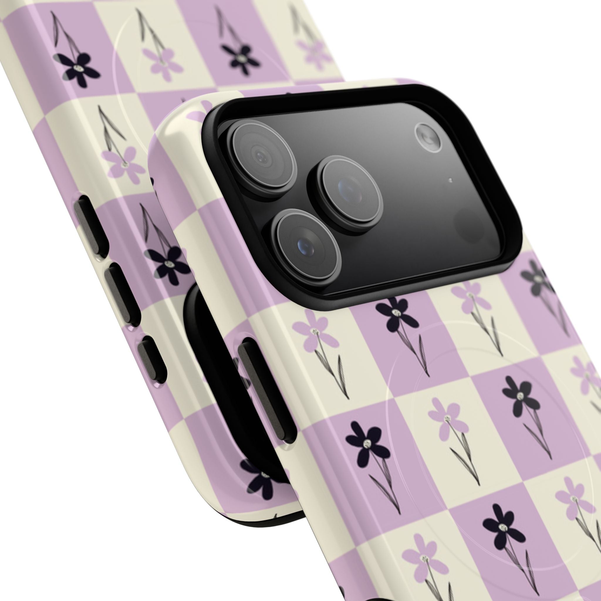 Floral Check Pattern Tough Magnetic Phone Case — Lavender Retro Grid