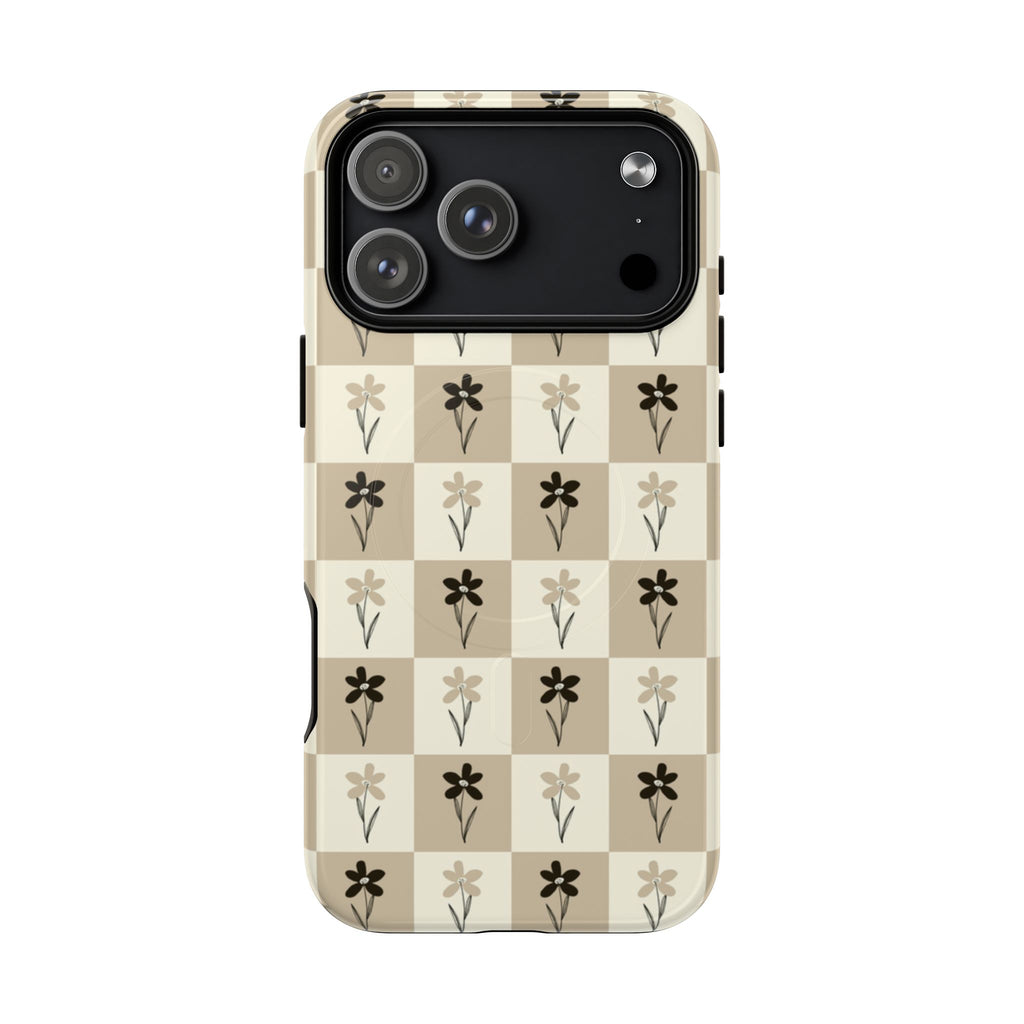 Floral Checkered Tough Magnetic Phone Case — Beige Vintage Flower Grid