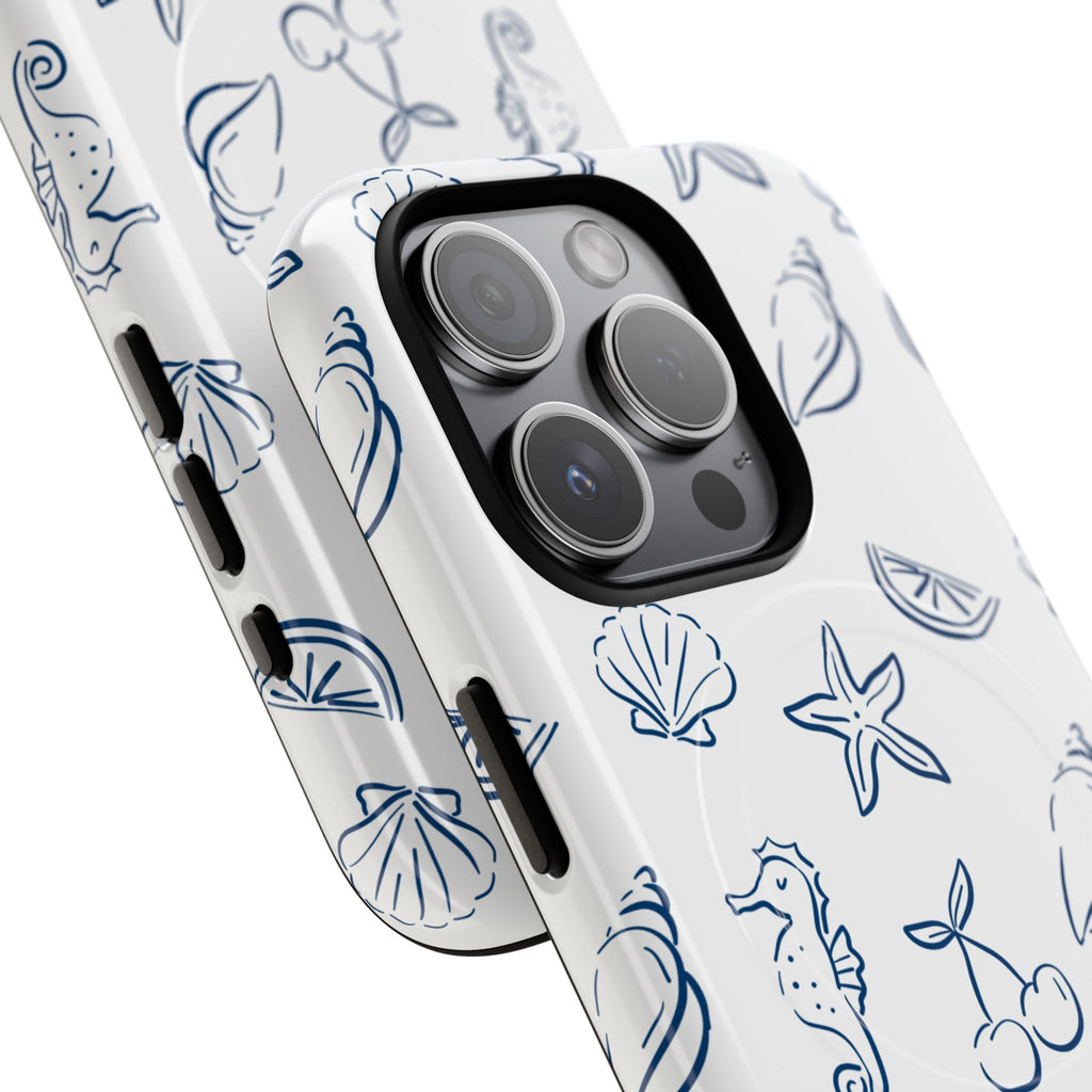 Nautical Sketch Magnetic Phone Case — Seahorse & Seashell Pattern