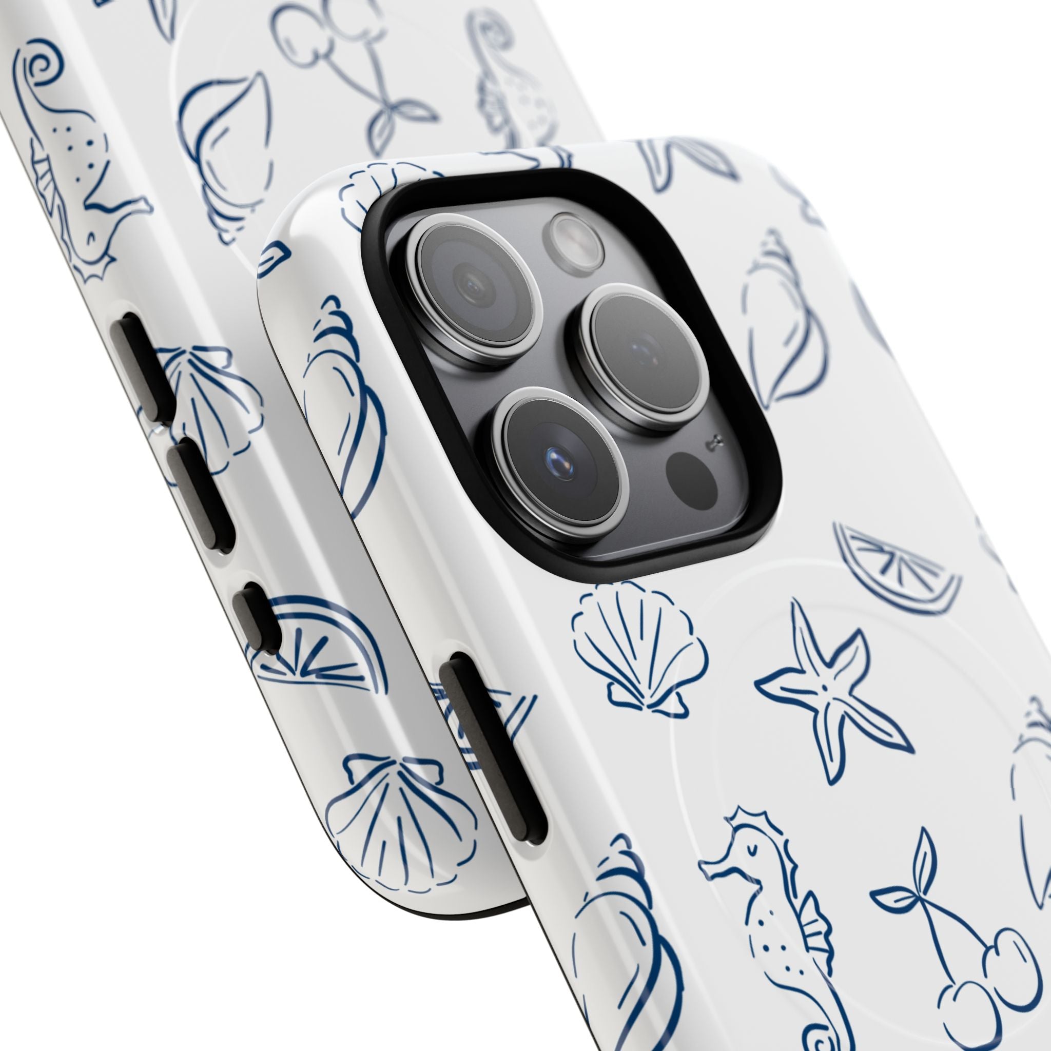 Nautical Sketch Magnetic Phone Case — Seahorse & Seashell Pattern