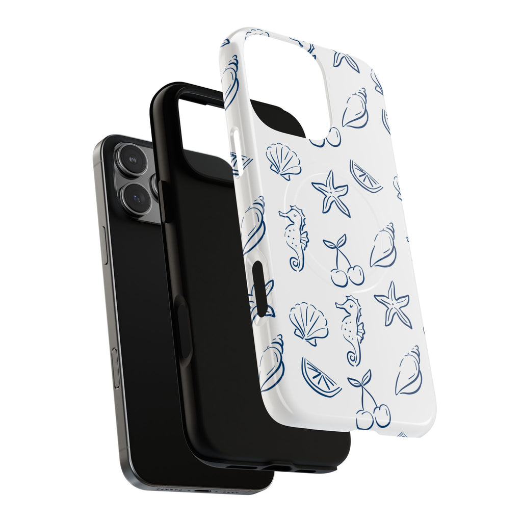 Nautical Sketch Magnetic Phone Case — Seahorse & Seashell Pattern