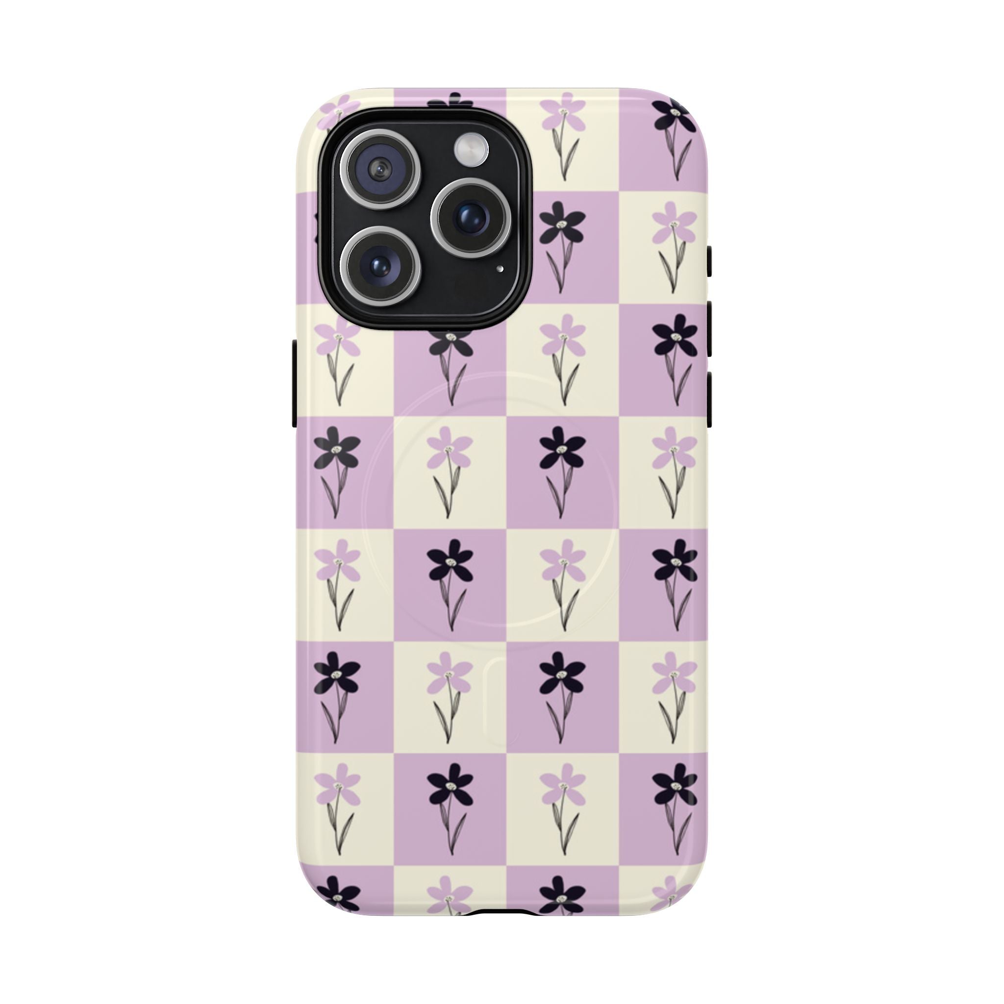 Floral Check Pattern Tough Magnetic Phone Case — Lavender Retro Grid
