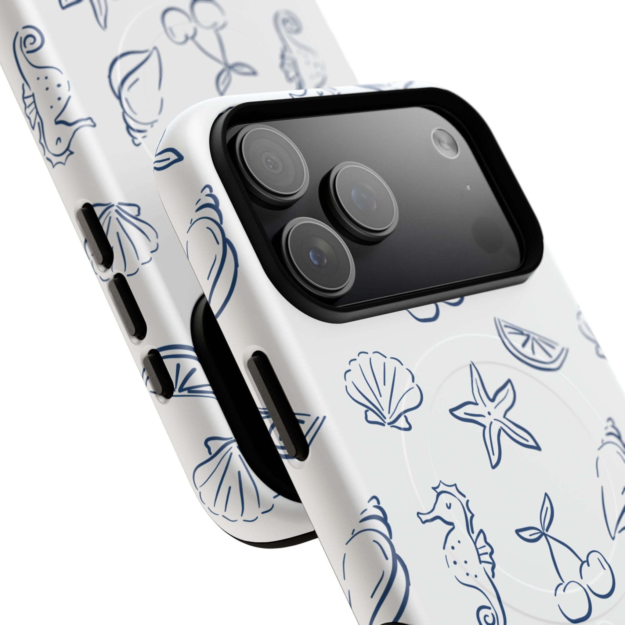 Nautical Sketch Magnetic Phone Case — Seahorse & Seashell Pattern