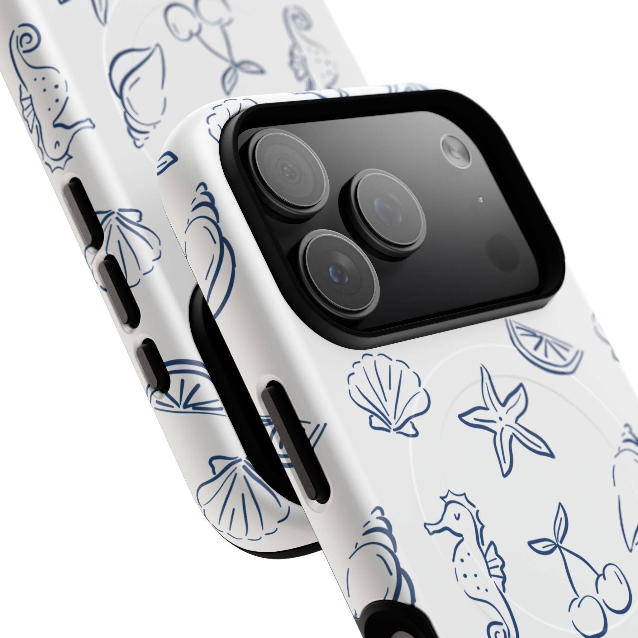 Nautical Sketch Magnetic Phone Case — Seahorse & Seashell Pattern