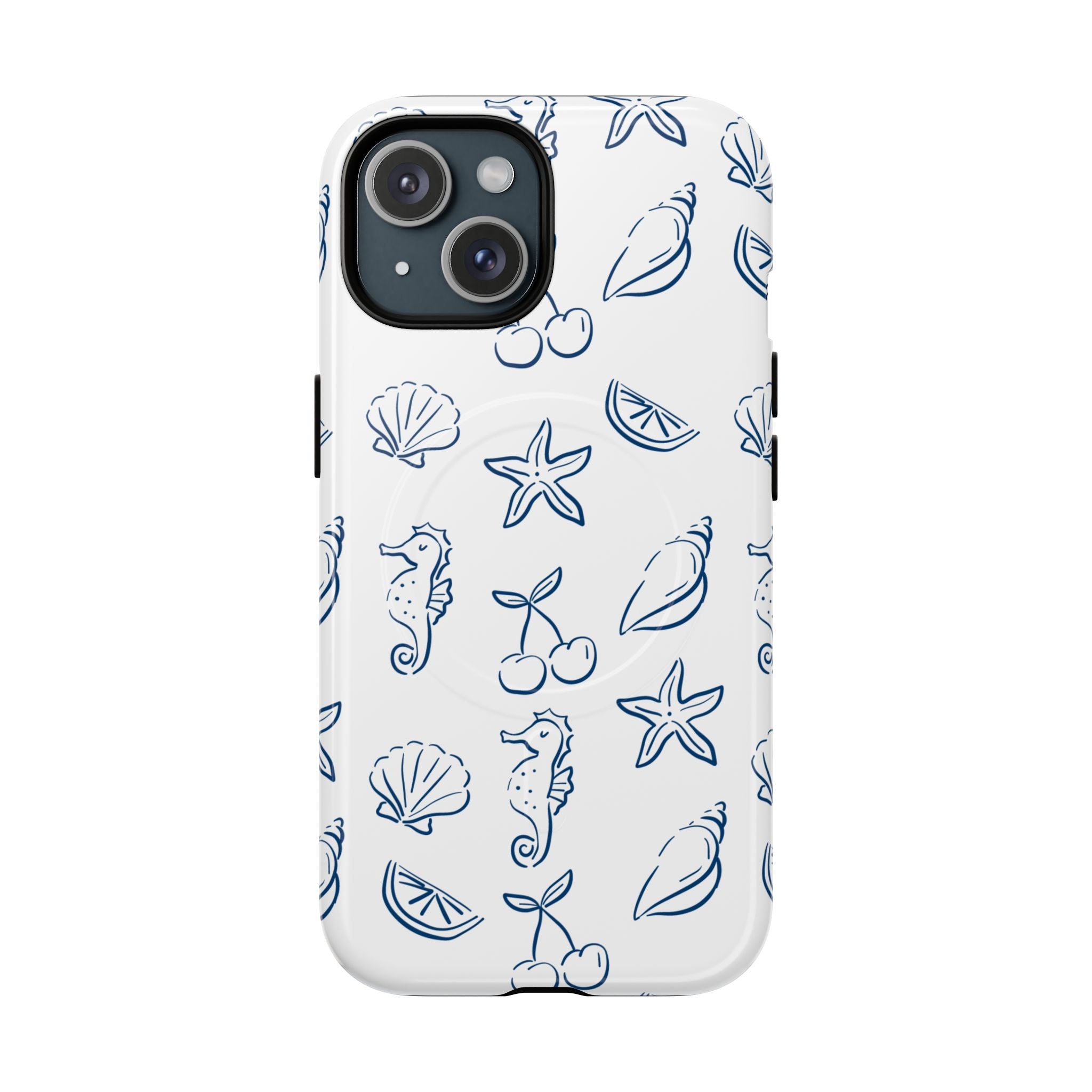 Nautical Sketch Magnetic Phone Case — Seahorse & Seashell Pattern