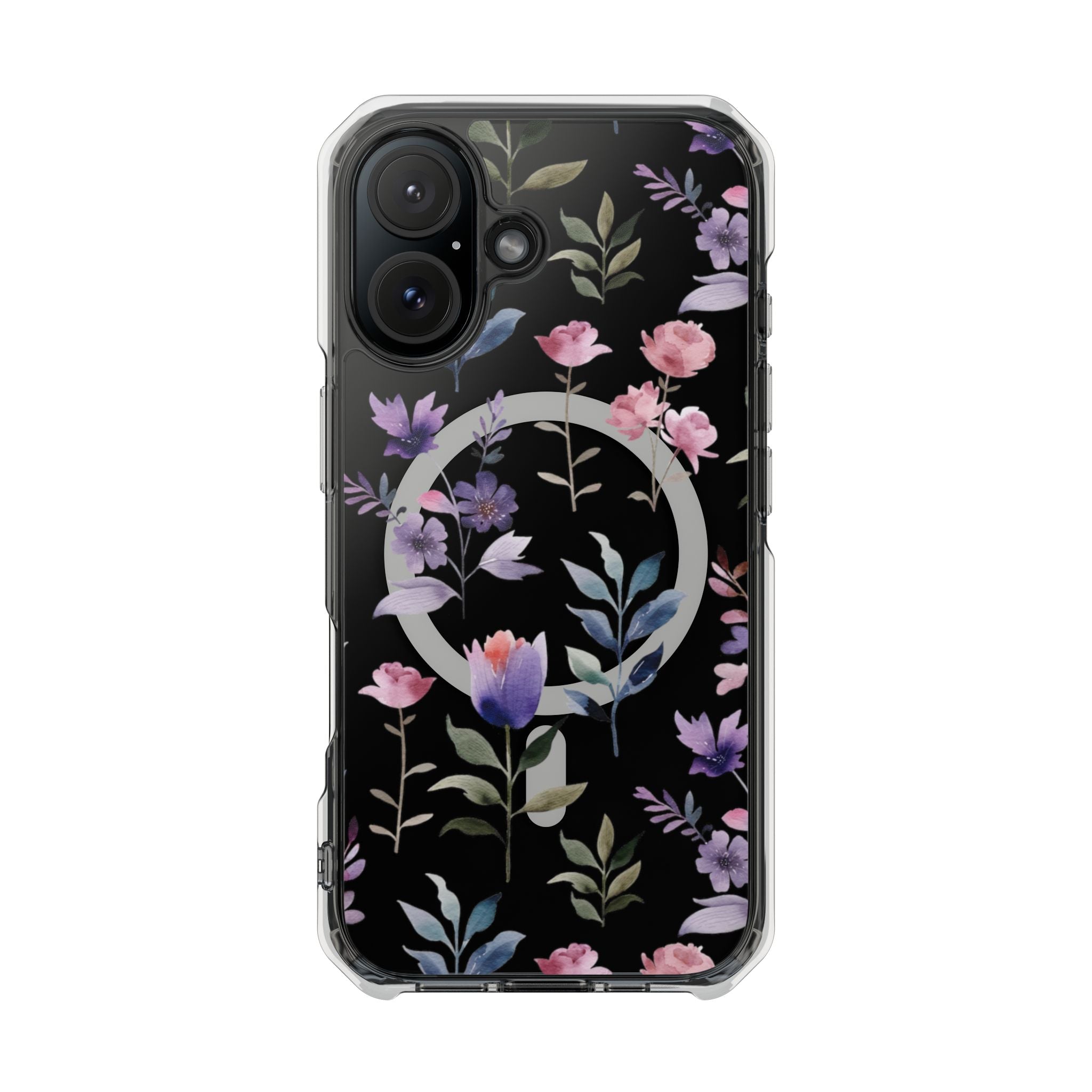 Clear Magnetic Phone Case – Floral Black MagSafe-Compatible Protective Cover