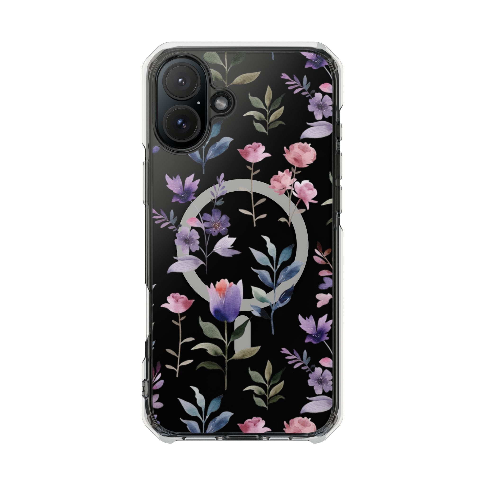 Clear Magnetic Phone Case – Floral Black MagSafe-Compatible Protective Cover
